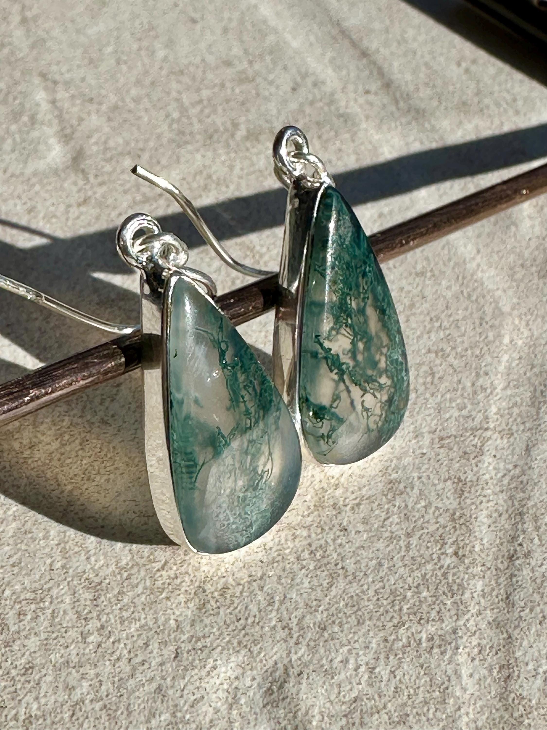 Moss Agate Dangle Earrings, Large Teardrop 22mm x 12mm Sterling Silver, Handmade UK gift
