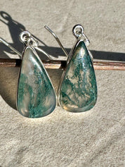 Moss Agate Dangle Earrings, Large Teardrop 22mm x 12mm Sterling Silver, Handmade UK gift