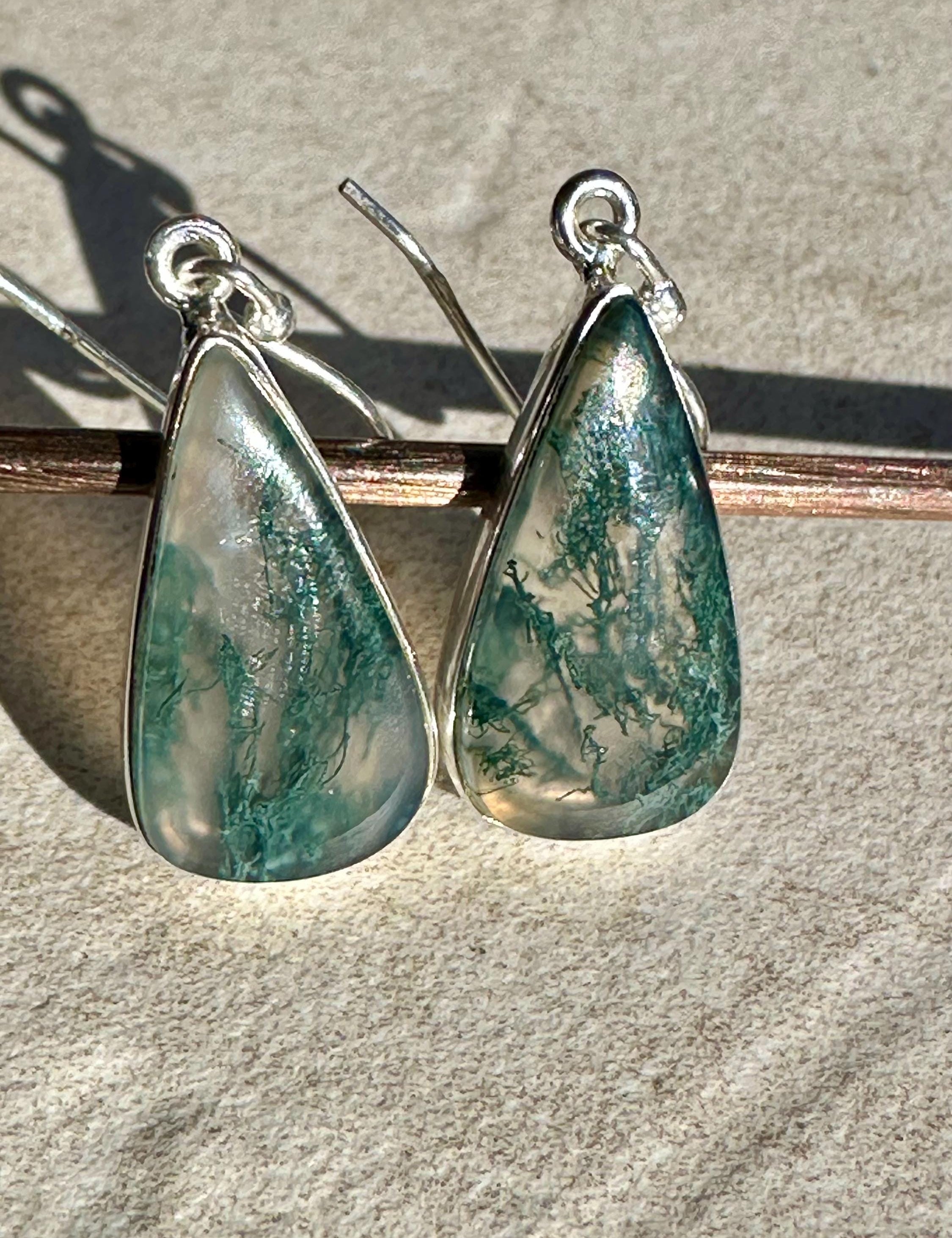 Moss Agate Dangle Earrings, Large Teardrop 22mm x 12mm Sterling Silver, Handmade UK gift