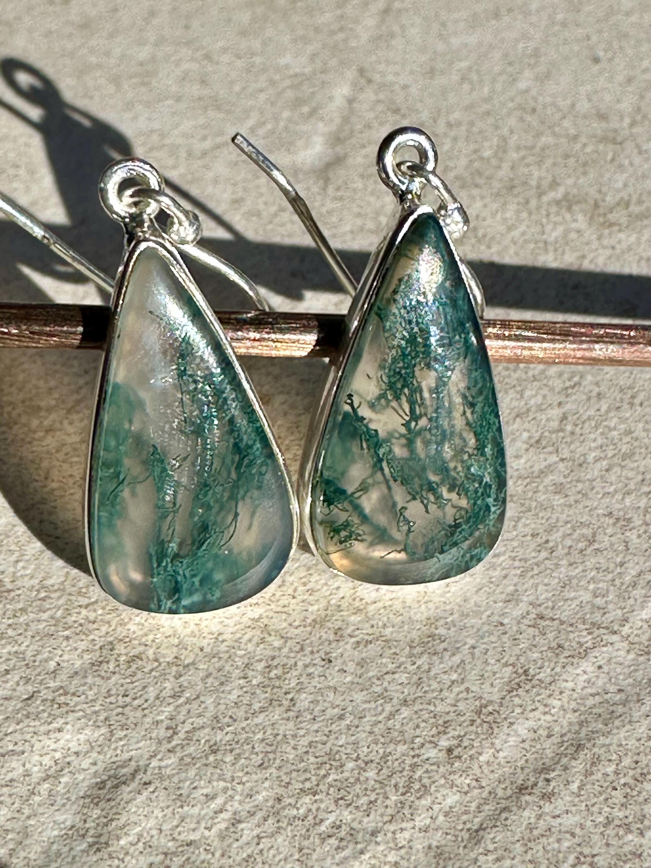 Moss Agate Dangle Earrings, Large Teardrop 22mm x 12mm Sterling Silver, Handmade UK gift