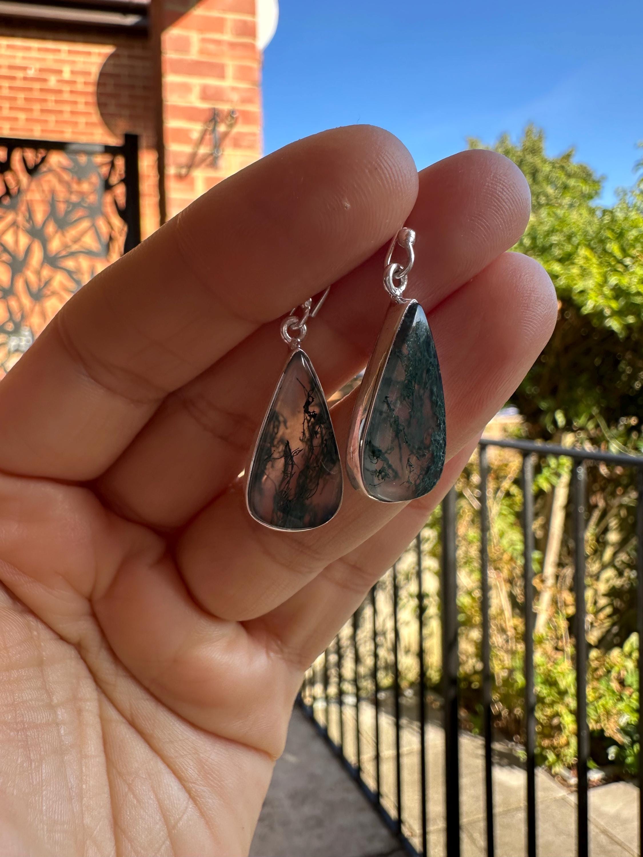 Moss Agate Dangle Earrings, Large Teardrop 22mm x 12mm Sterling Silver, Handmade UK gift