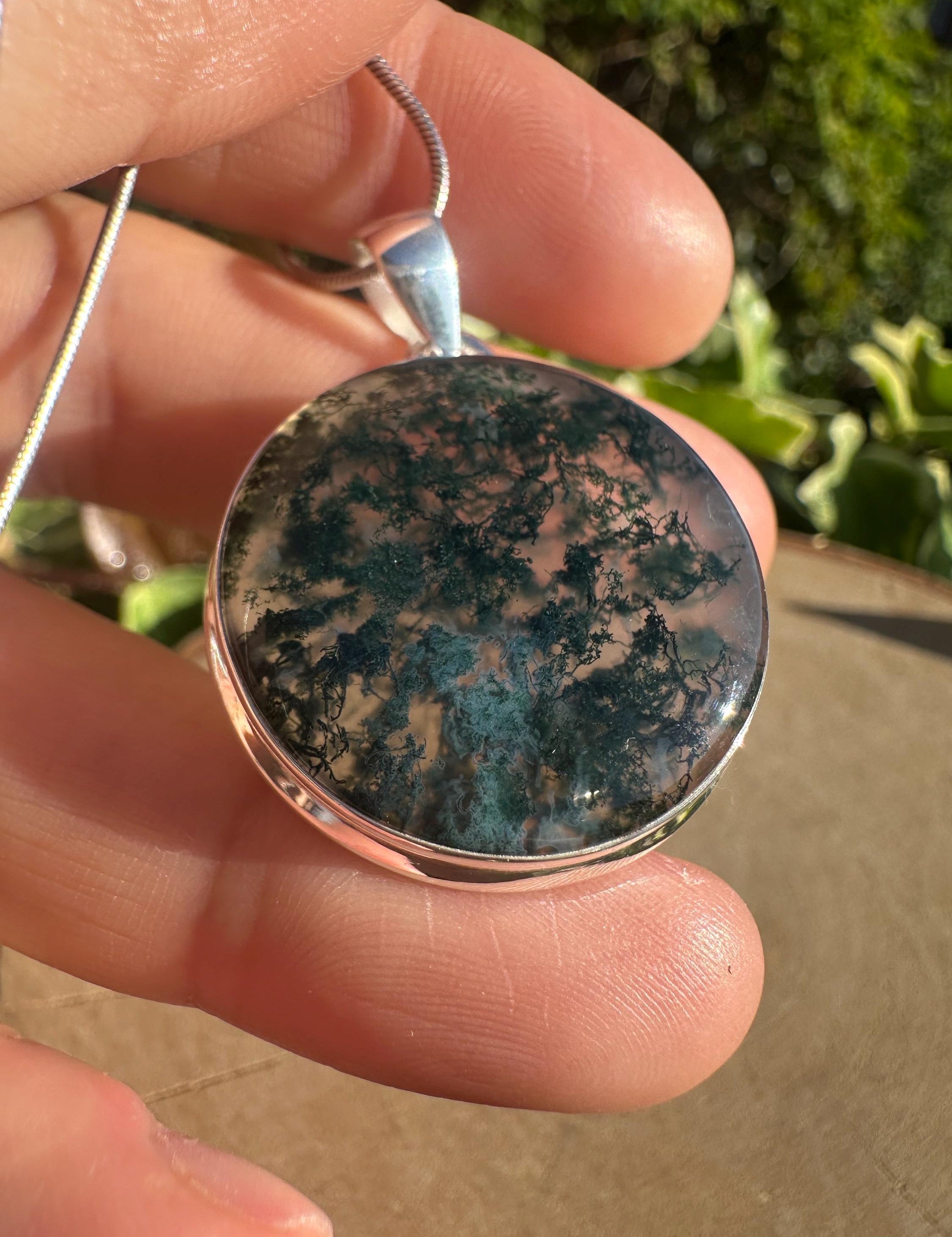 Moss Agate Pendant, Round 28mm x 28mm Sterling Silver, Handmade UK gift