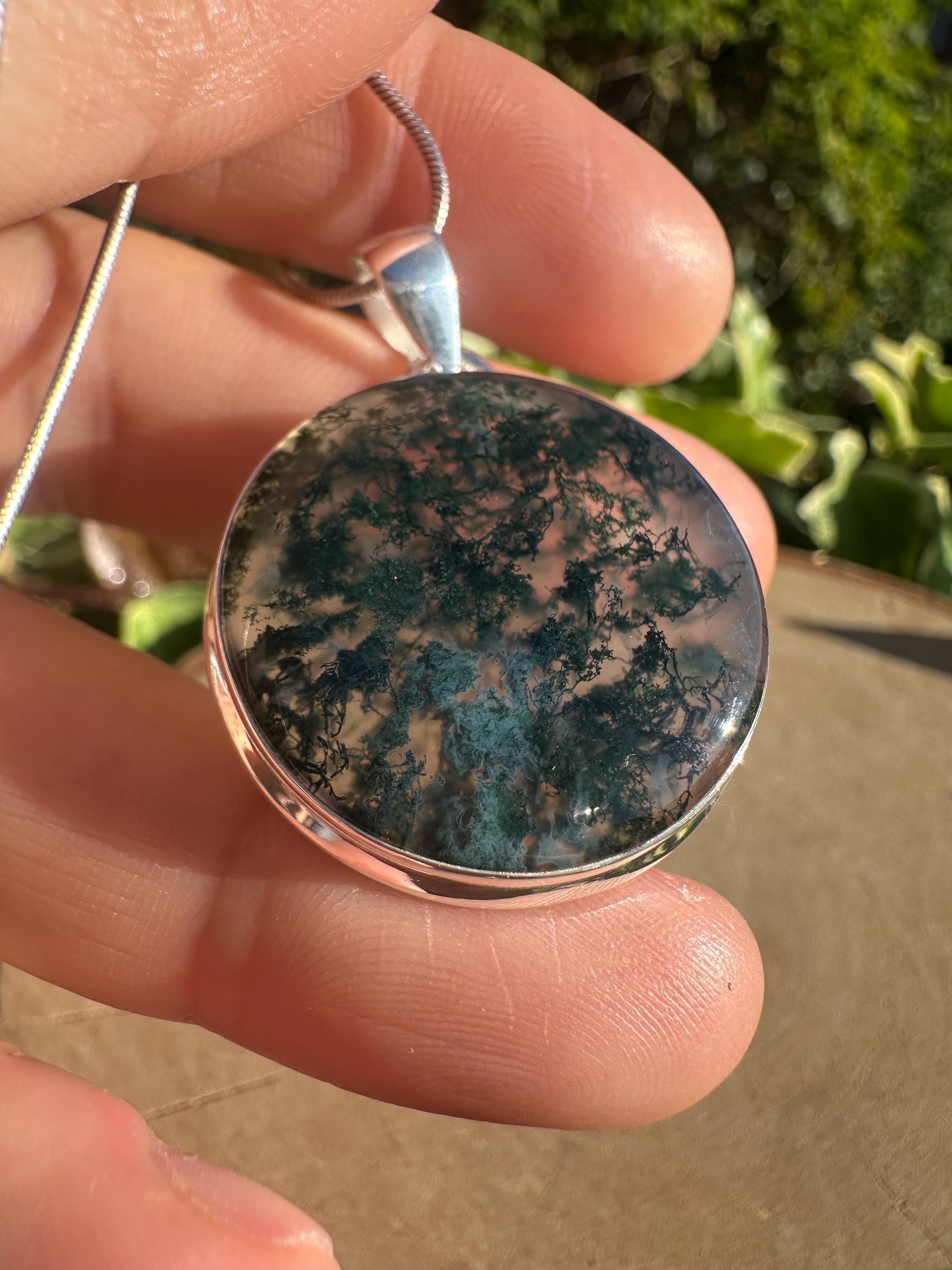 Moss Agate Pendant, Round 28mm x 28mm Sterling Silver, Handmade UK gift