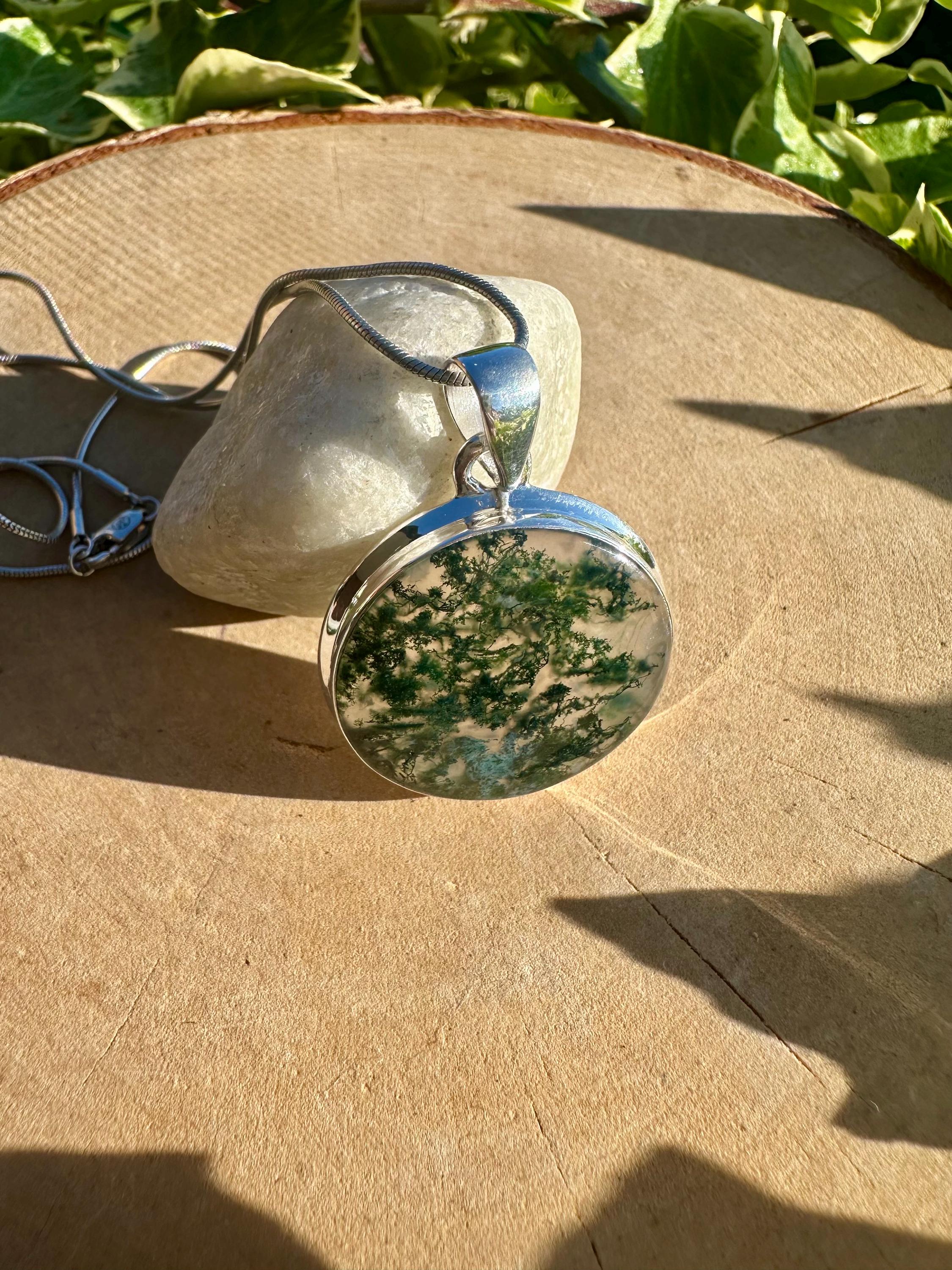 Moss Agate Pendant, Round 28mm x 28mm Sterling Silver, Handmade UK gift