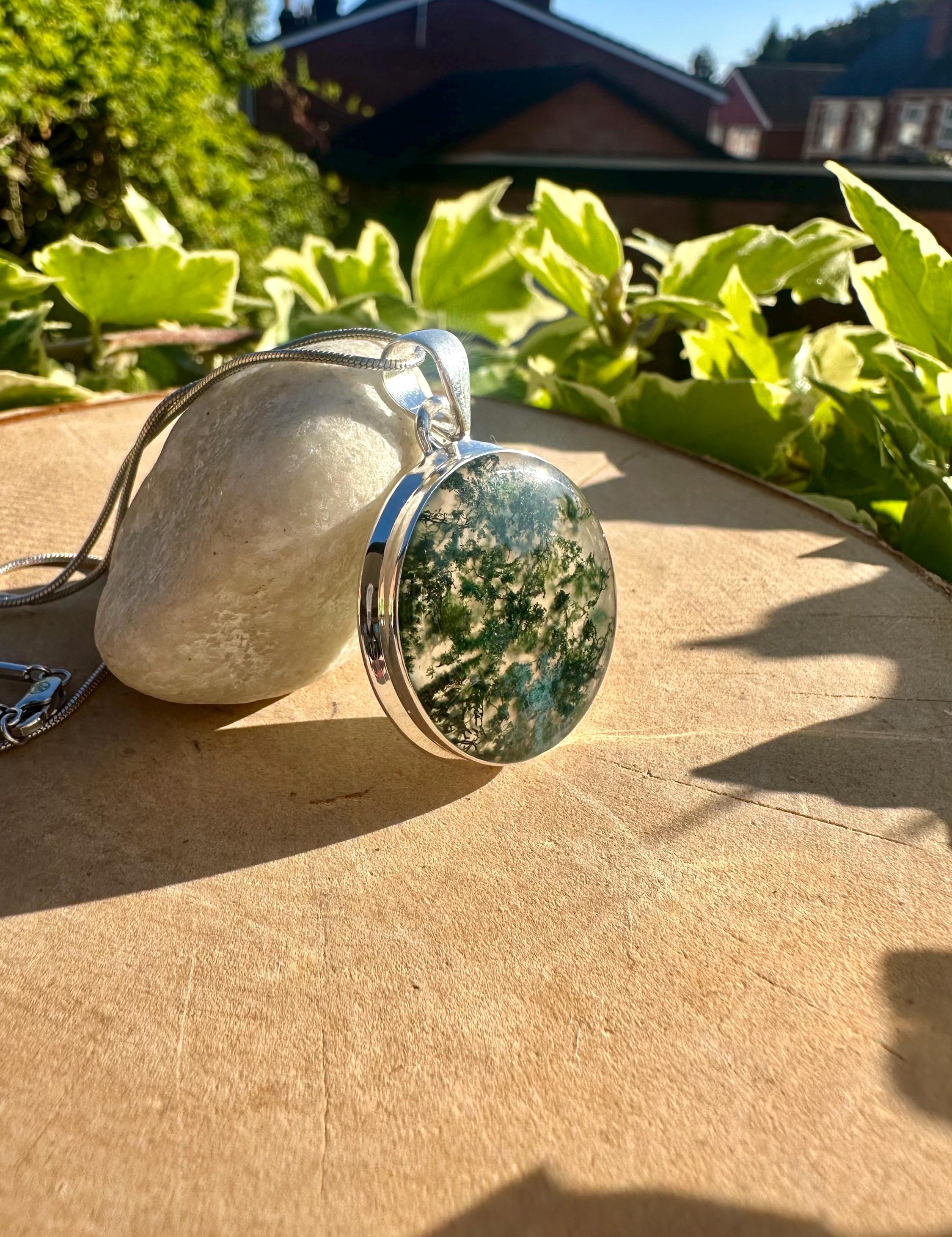 Moss Agate Pendant, Round 28mm x 28mm Sterling Silver, Handmade UK gift