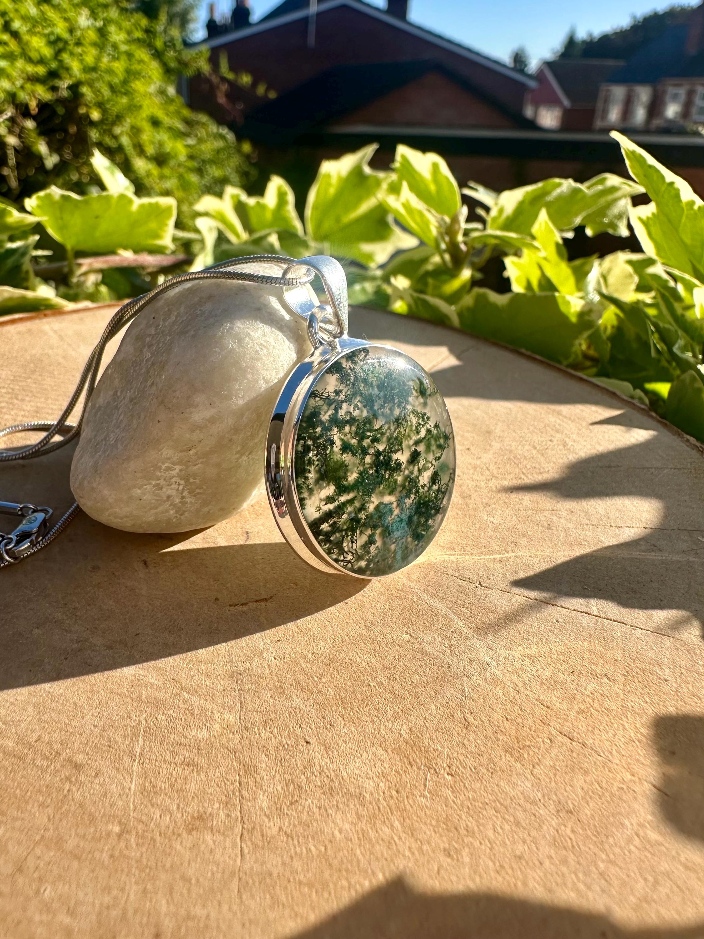 Moss Agate Pendant, Round 28mm x 28mm Sterling Silver, Handmade UK gift