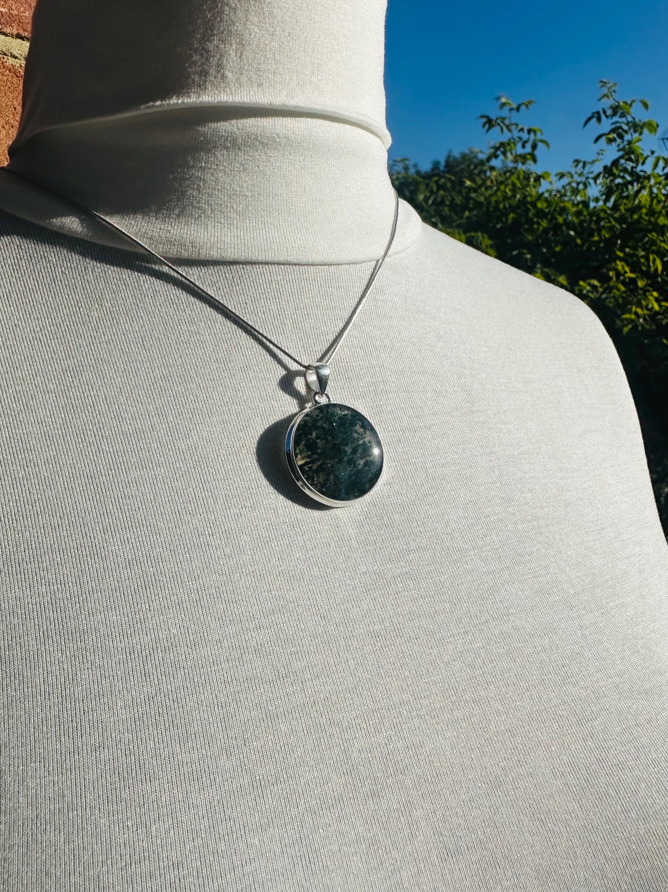 Moss Agate Pendant, Round 28mm x 28mm Sterling Silver, Handmade UK gift