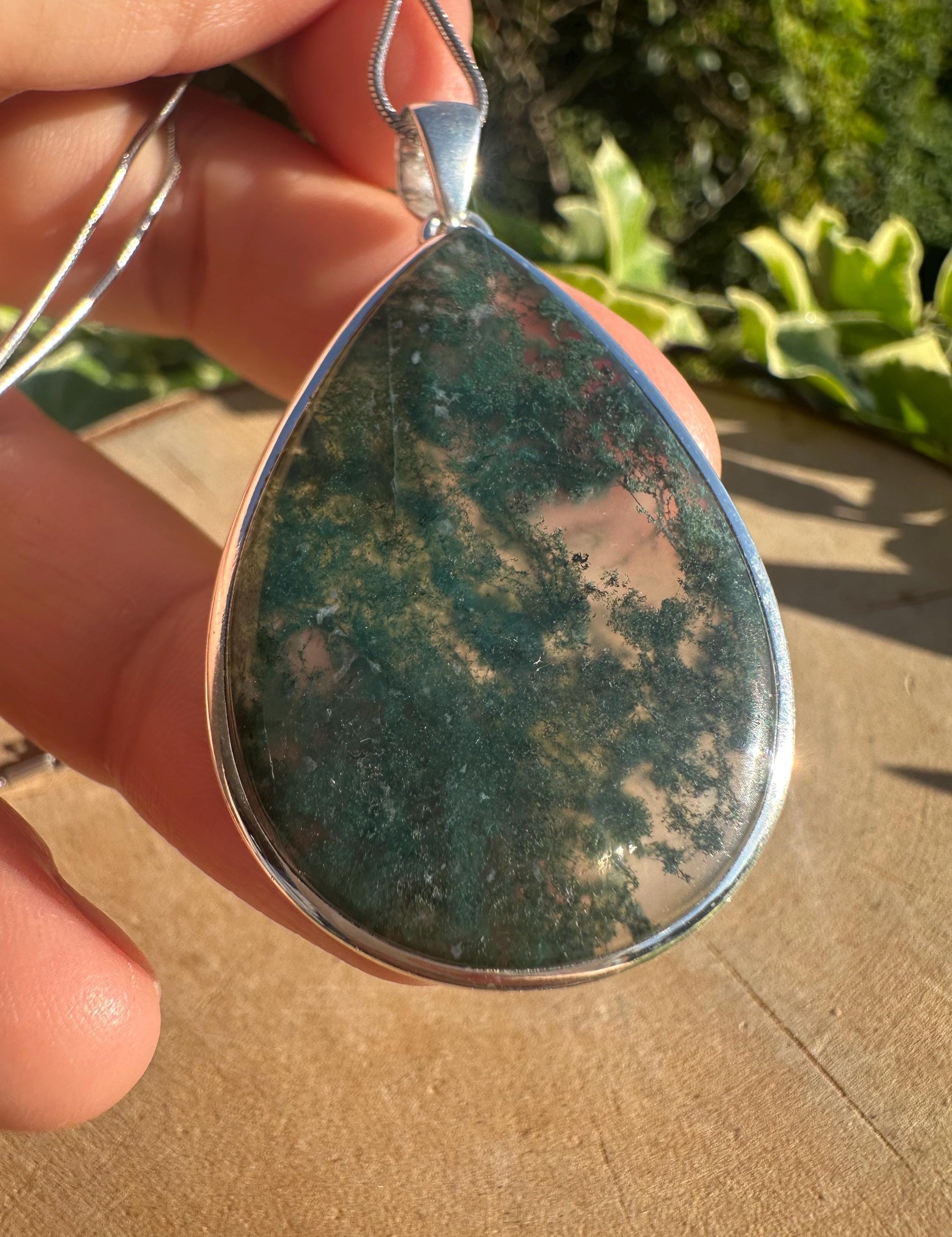 Moss Agate Sterling Silver Pendant: Handmade Teardrop Gemstone