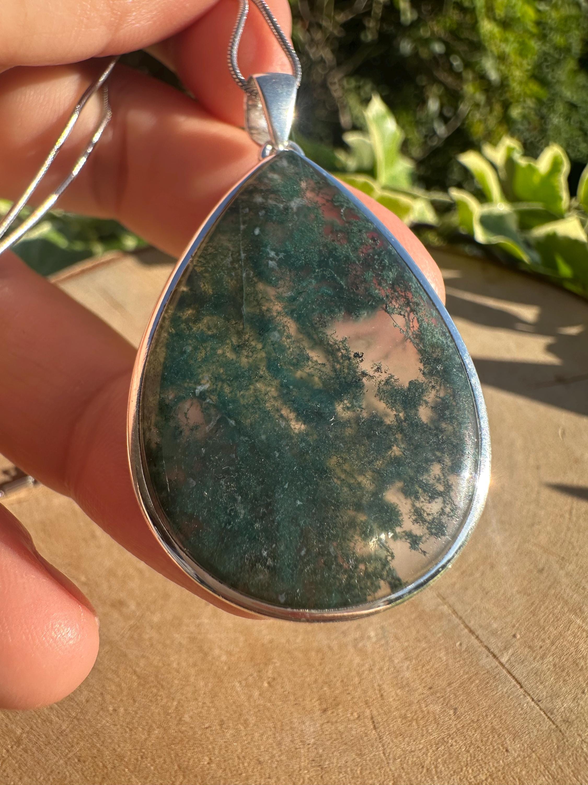 Moss Agate Sterling Silver Pendant: Handmade Teardrop Gemstone