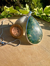 Moss Agate Sterling Silver Pendant: Handmade Teardrop Gemstone