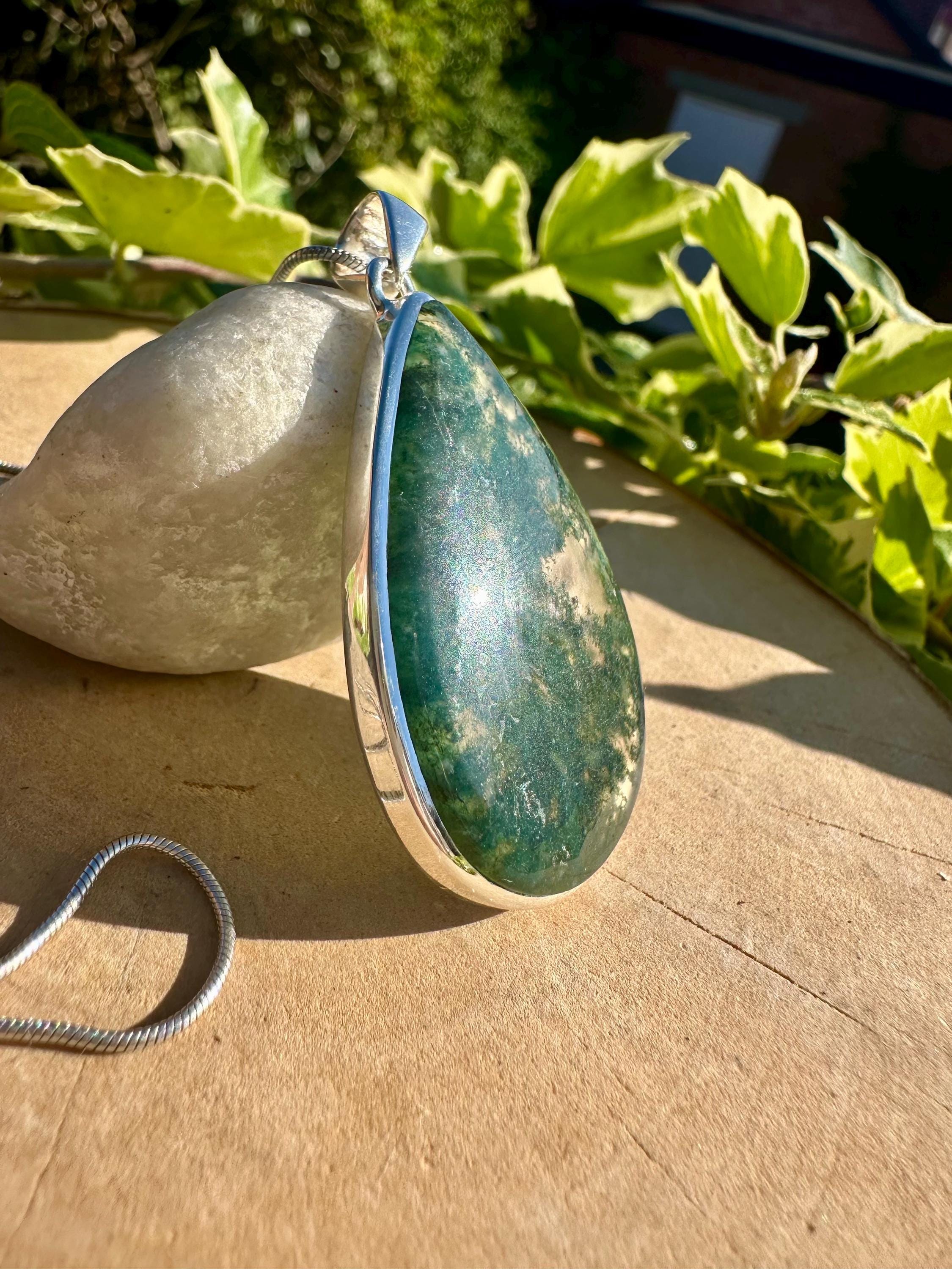 Moss Agate Sterling Silver Pendant: Handmade Teardrop Gemstone