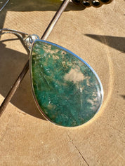 Moss Agate Sterling Silver Pendant: Handmade Teardrop Gemstone