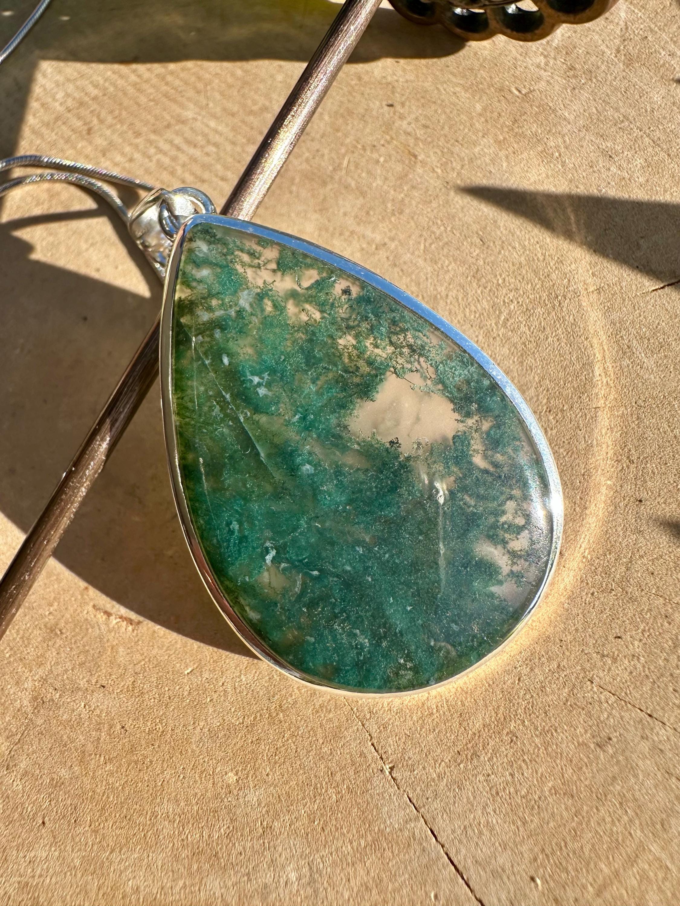 Moss Agate Sterling Silver Pendant: Handmade Teardrop Gemstone