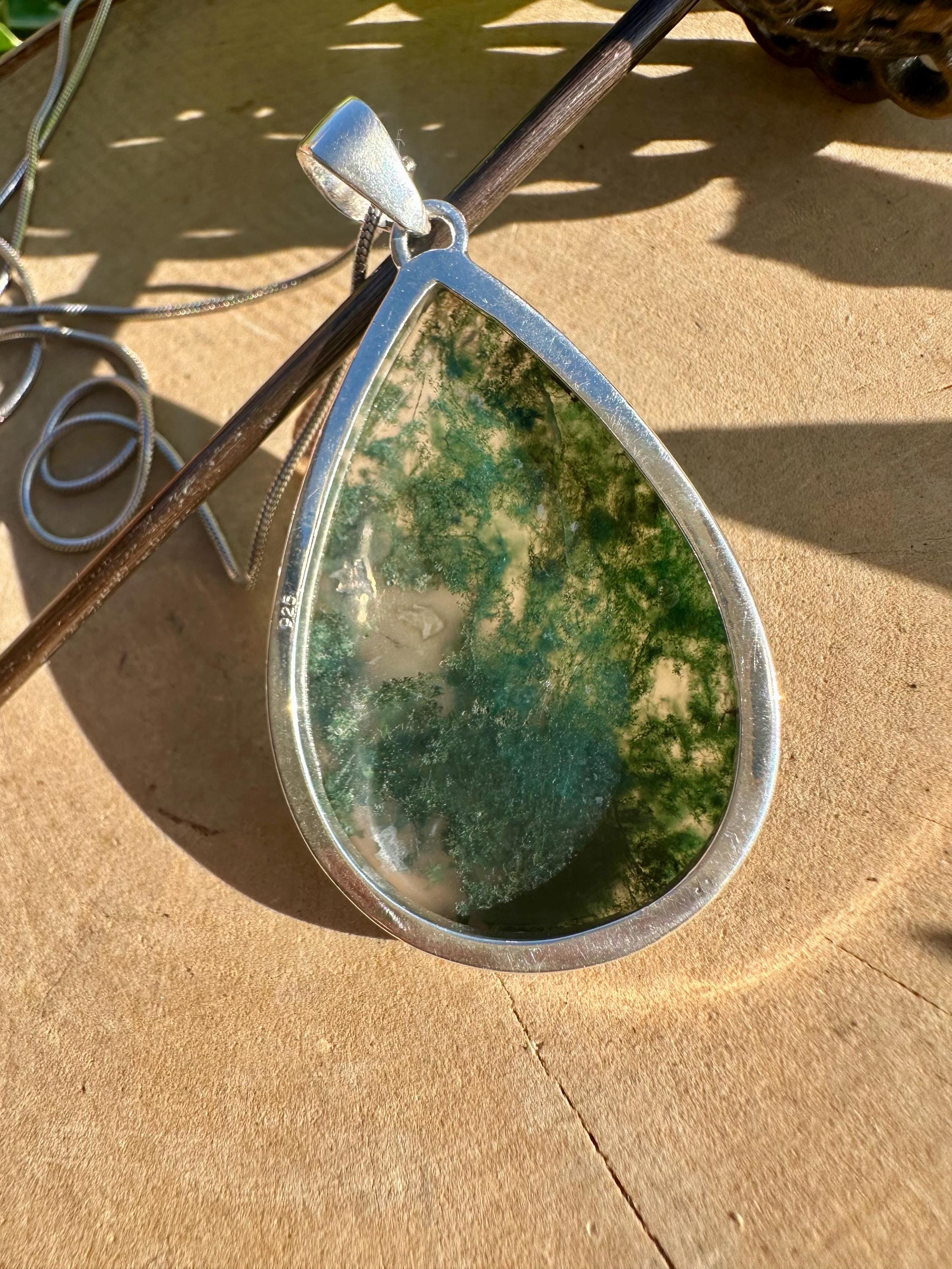 Moss Agate Sterling Silver Pendant: Handmade Teardrop Gemstone