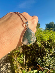 Large Moss Agate Sterling Silver Pendant - Handmade UK