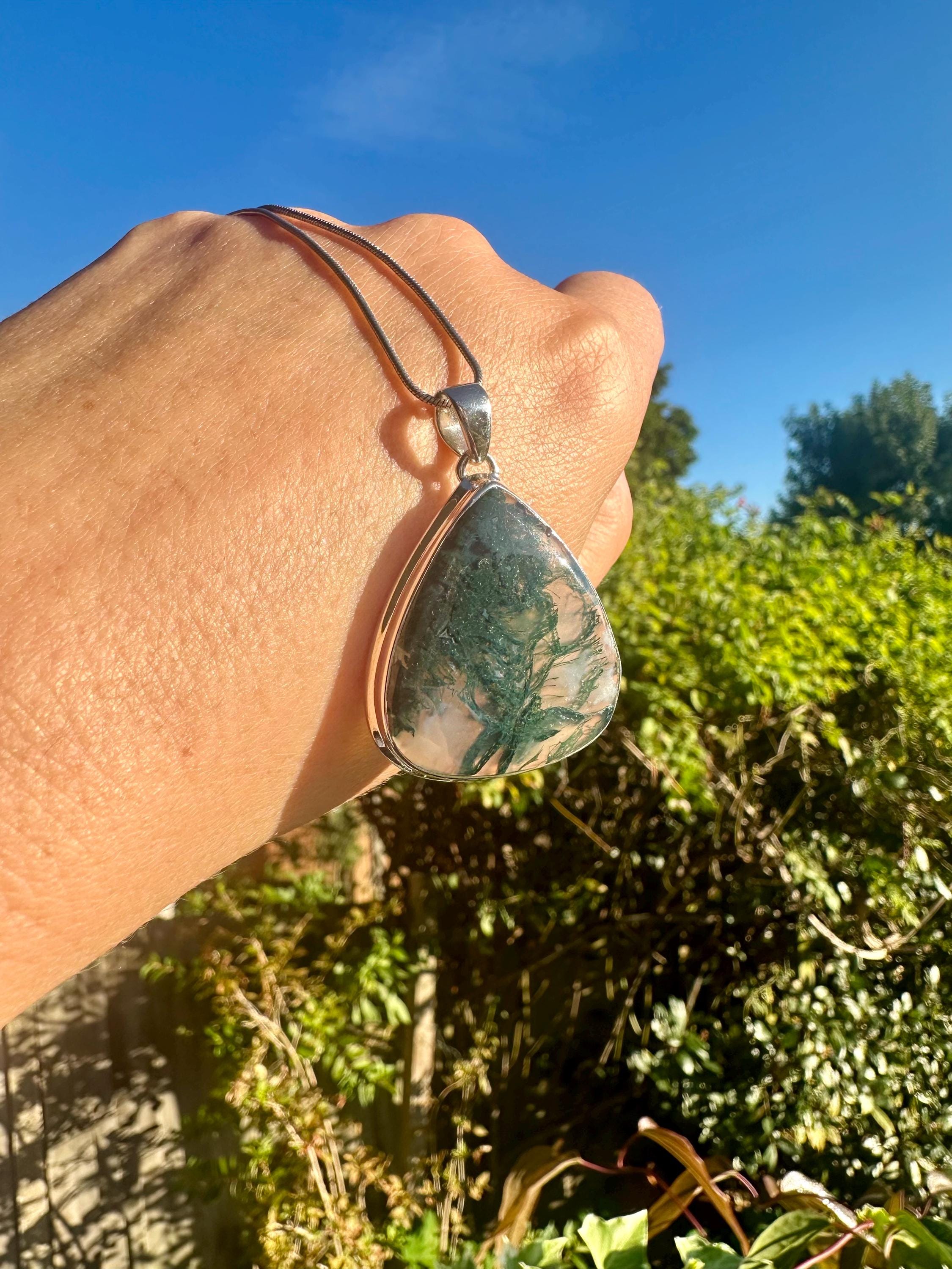 Large Moss Agate Sterling Silver Pendant - Handmade UK