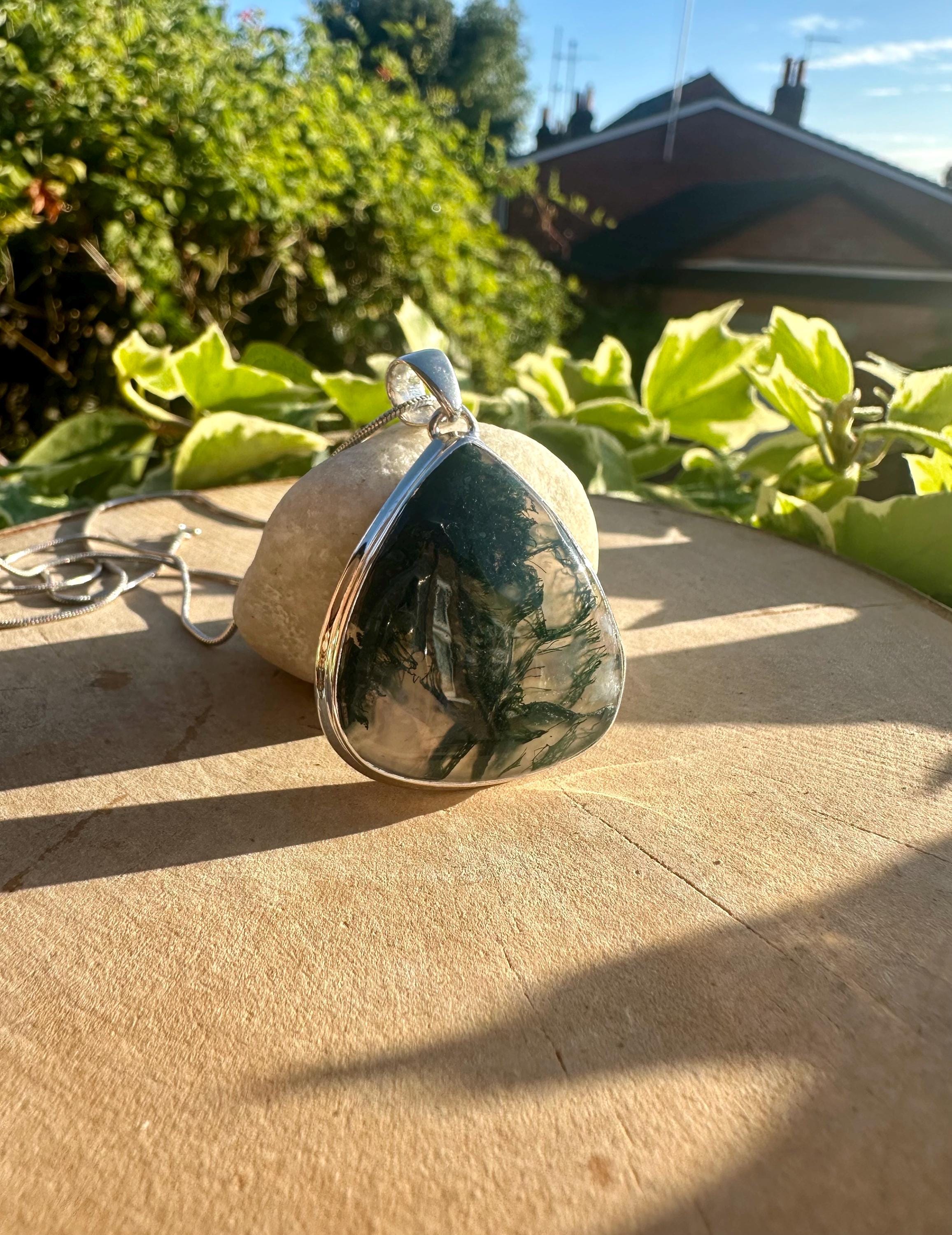 Large Moss Agate Sterling Silver Pendant - Handmade UK