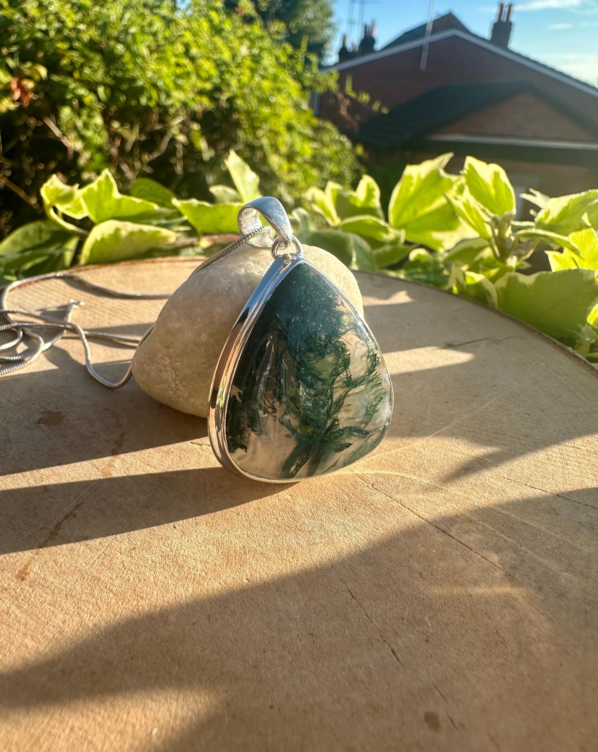 Large Moss Agate Sterling Silver Pendant - Handmade UK