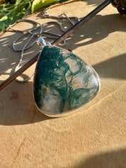 Large Moss Agate Sterling Silver Pendant - Handmade UK