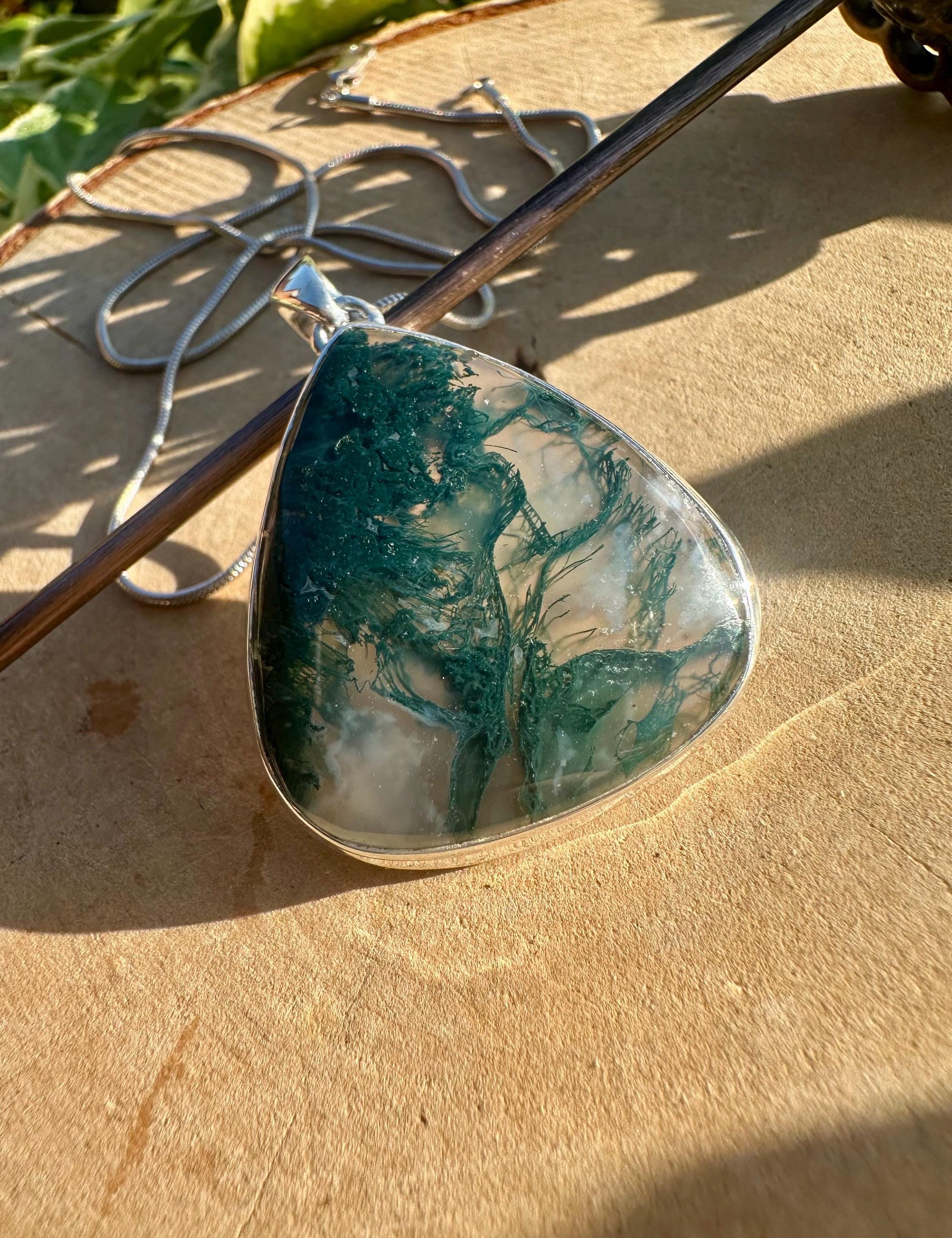 Large Moss Agate Sterling Silver Pendant - Handmade UK
