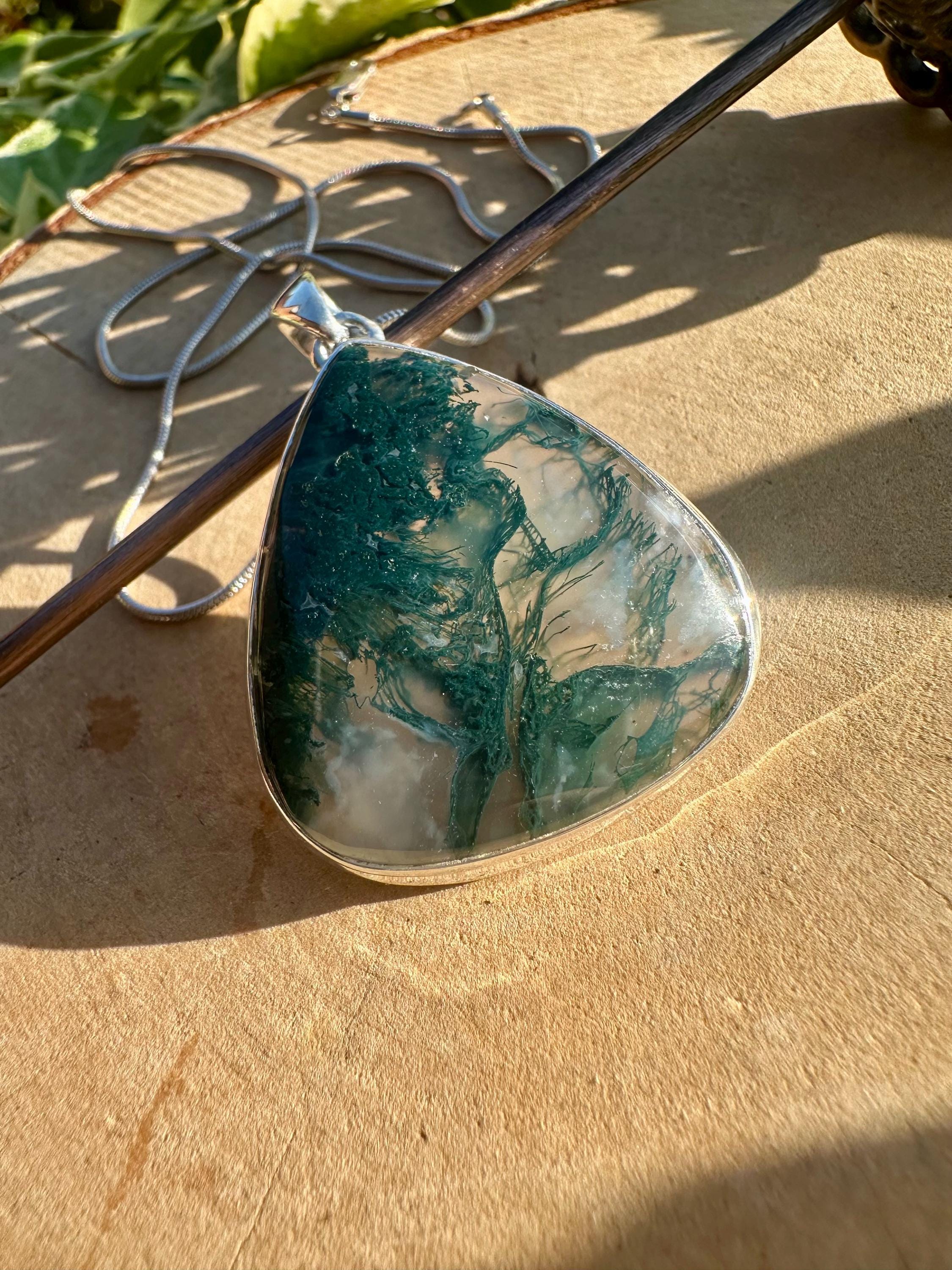 Large Moss Agate Sterling Silver Pendant - Handmade UK
