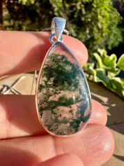 Moss Agate Pendant, Teardrop 34 mm x 20 mm Sterling Silver, Handmade UK gift