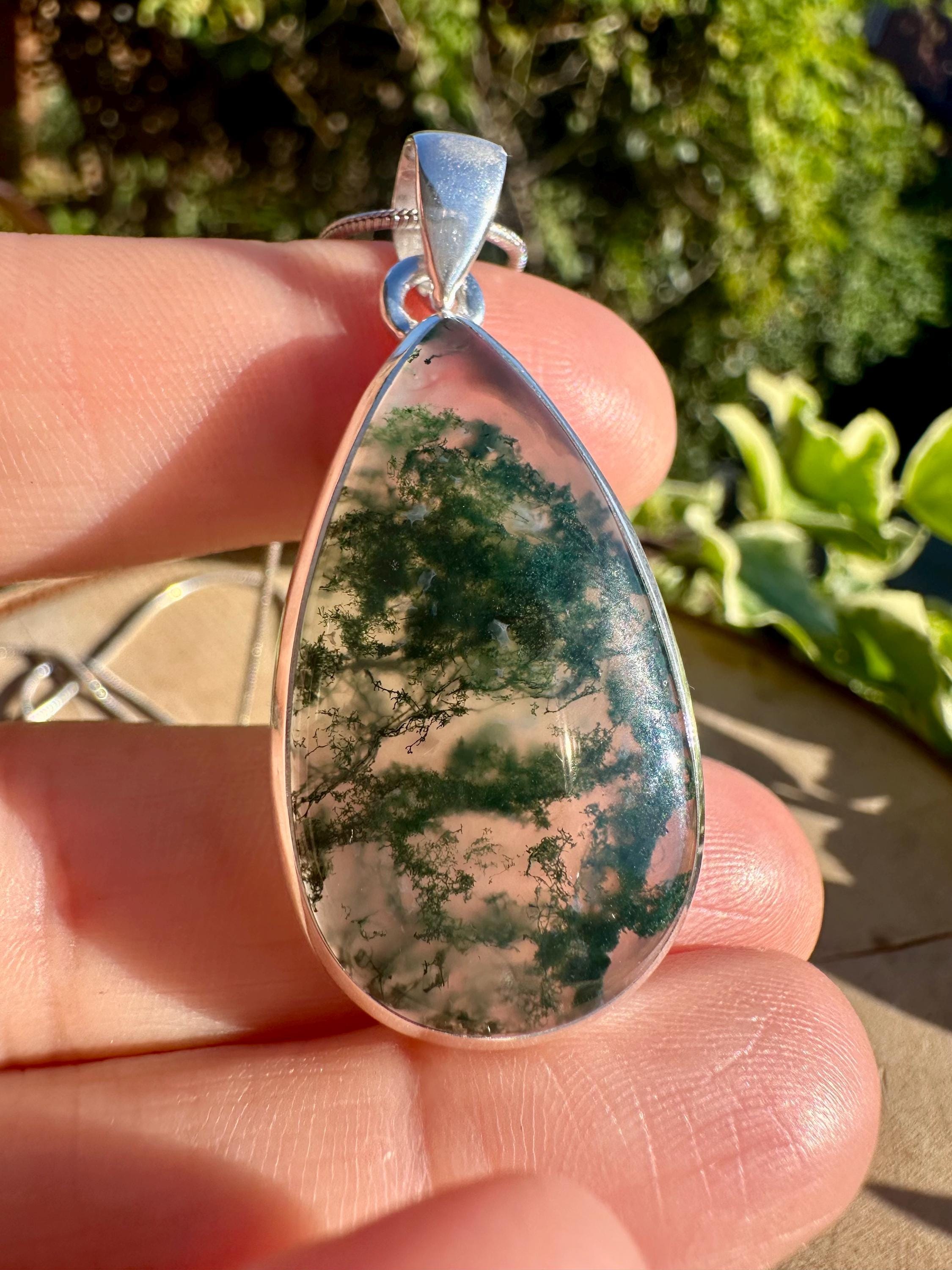 Moss Agate Pendant, Teardrop 34 mm x 20 mm Sterling Silver, Handmade UK gift
