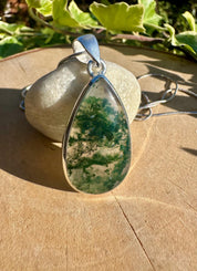 Moss Agate Pendant, Teardrop 34 mm x 20 mm Sterling Silver, Handmade UK gift