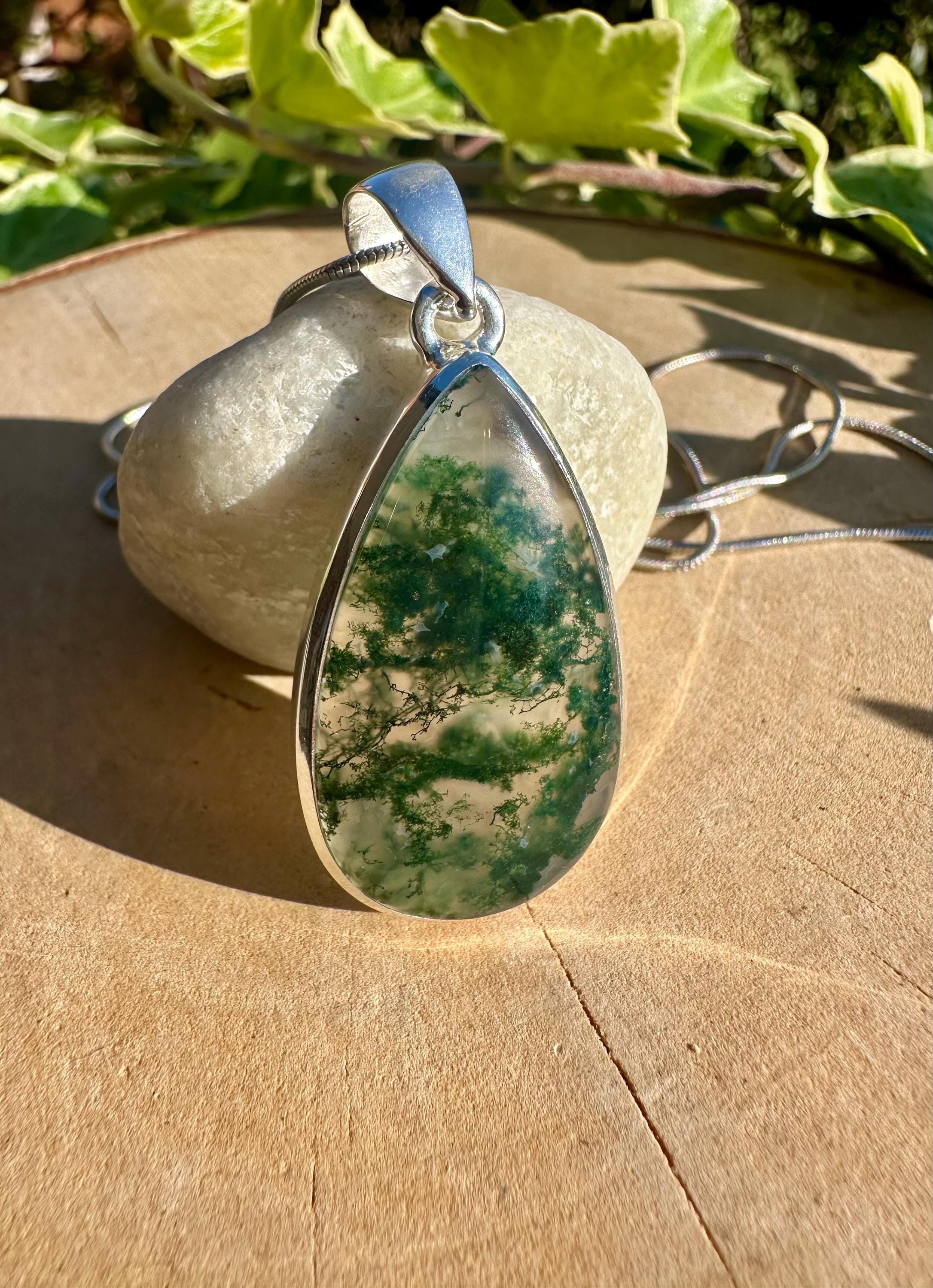 Moss Agate Pendant, Teardrop 34 mm x 20 mm Sterling Silver, Handmade UK gift
