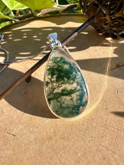 Moss Agate Pendant, Teardrop 34 mm x 20 mm Sterling Silver, Handmade UK gift