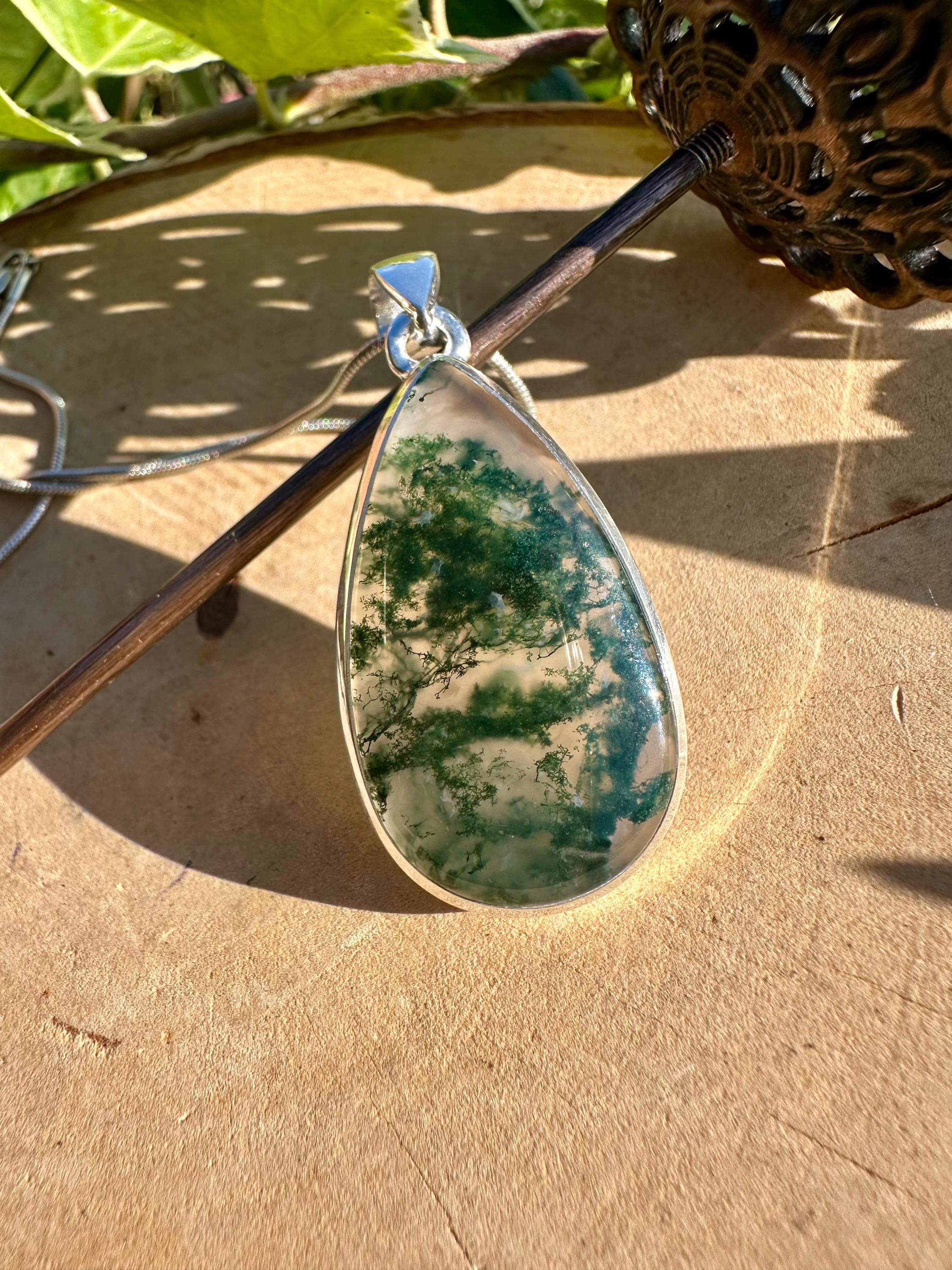 Moss Agate Pendant, Teardrop 34 mm x 20 mm Sterling Silver, Handmade UK gift