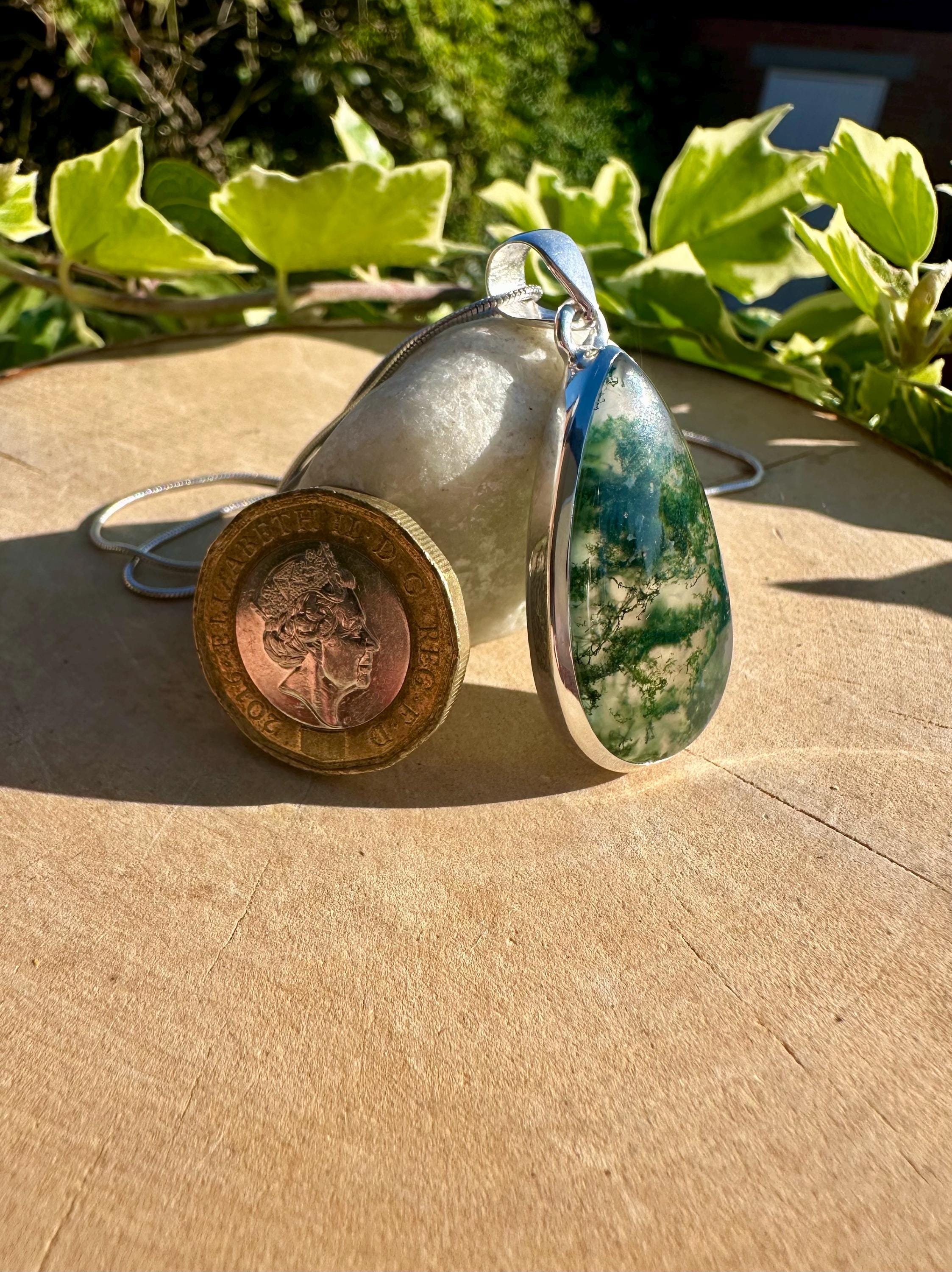 Moss Agate Pendant, Teardrop 34 mm x 20 mm Sterling Silver, Handmade UK gift