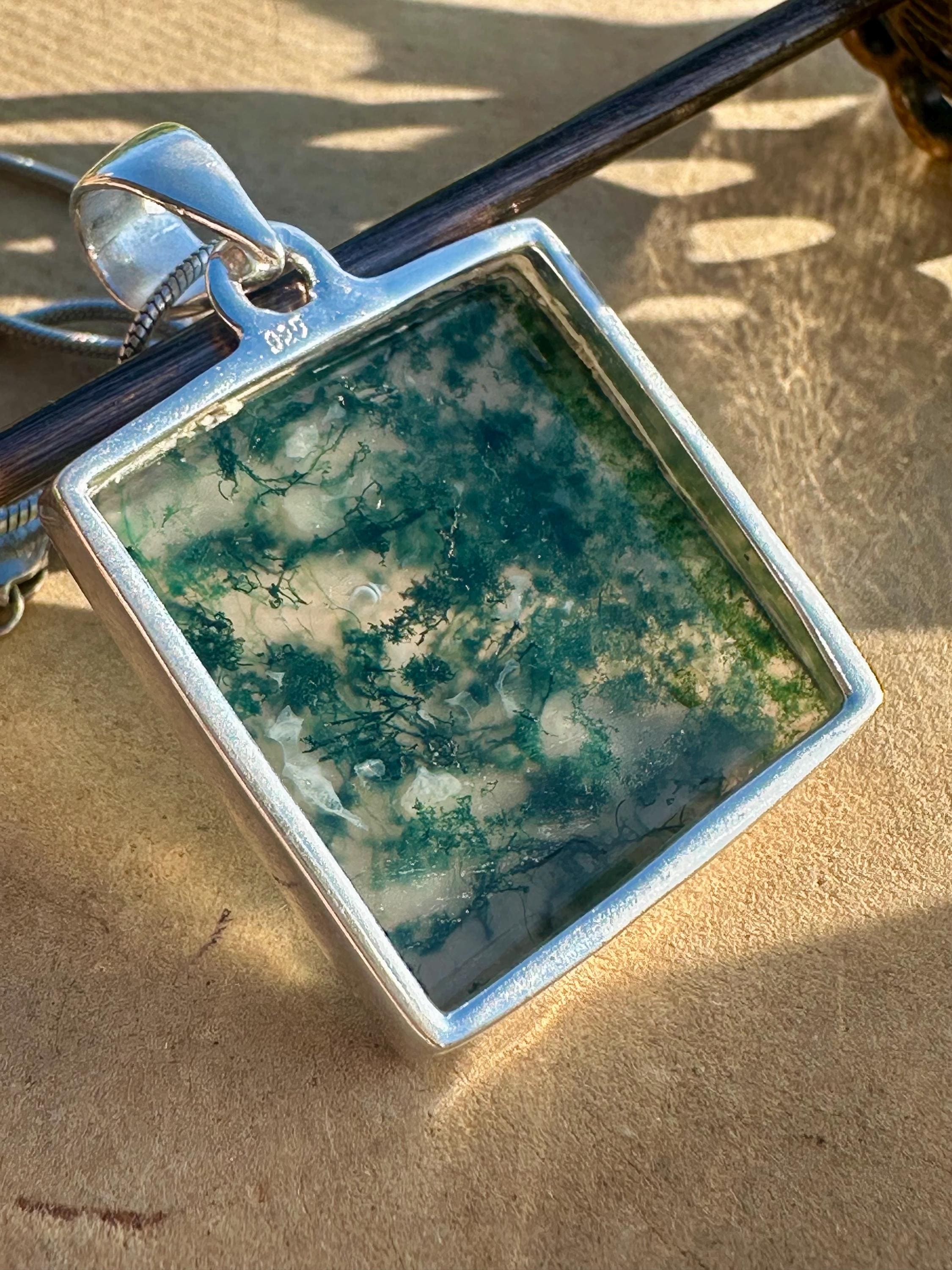 Handmade Moss Agate Pendant: Square Sterling Silver, UK Gift