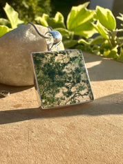 Handmade Moss Agate Pendant: Square Sterling Silver, UK Gift