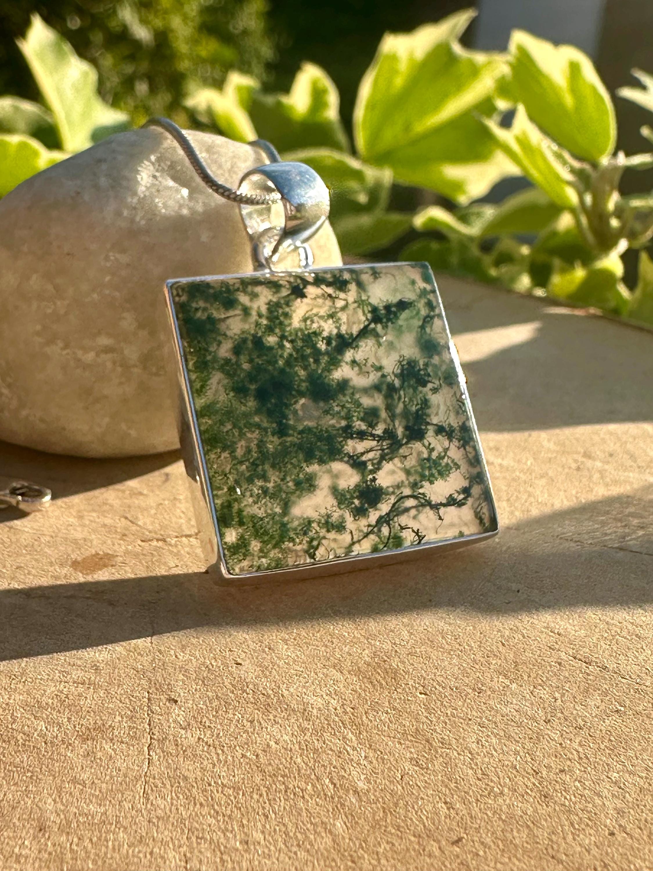 Handmade Moss Agate Pendant: Square Sterling Silver, UK Gift