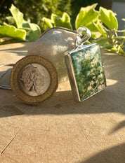 Handmade Moss Agate Pendant: Square Sterling Silver, UK Gift