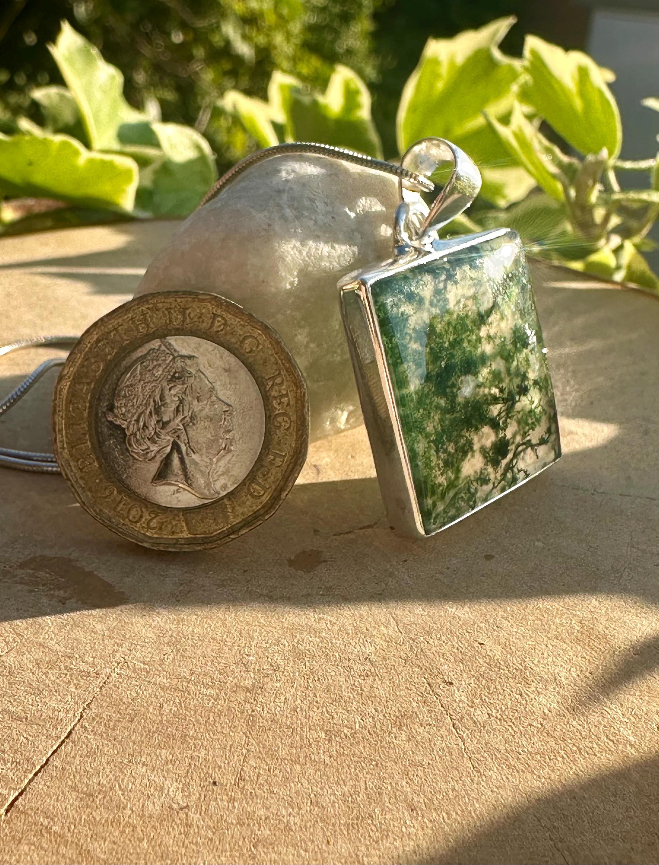 Handmade Moss Agate Pendant: Square Sterling Silver, UK Gift