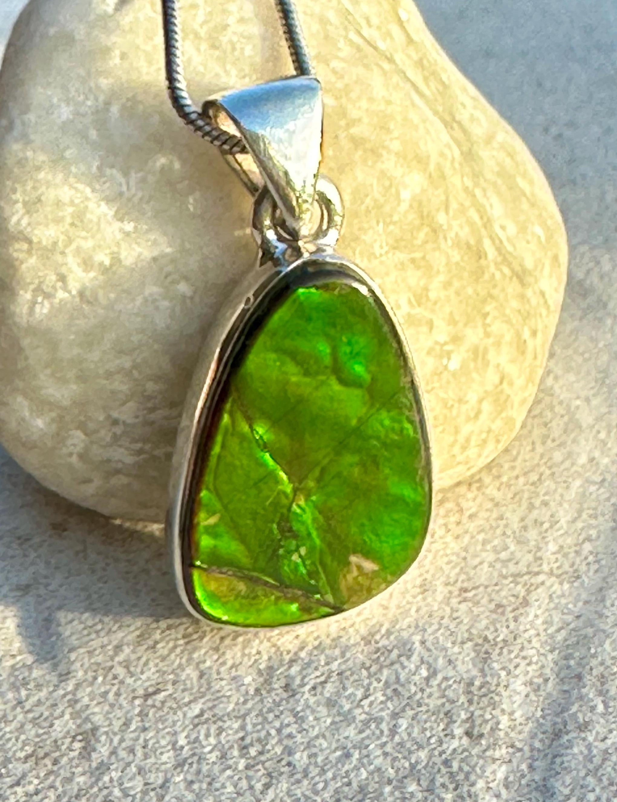 Iridescent Ammolite Pendant: Sterling Silver Pear-Cut Gemstone