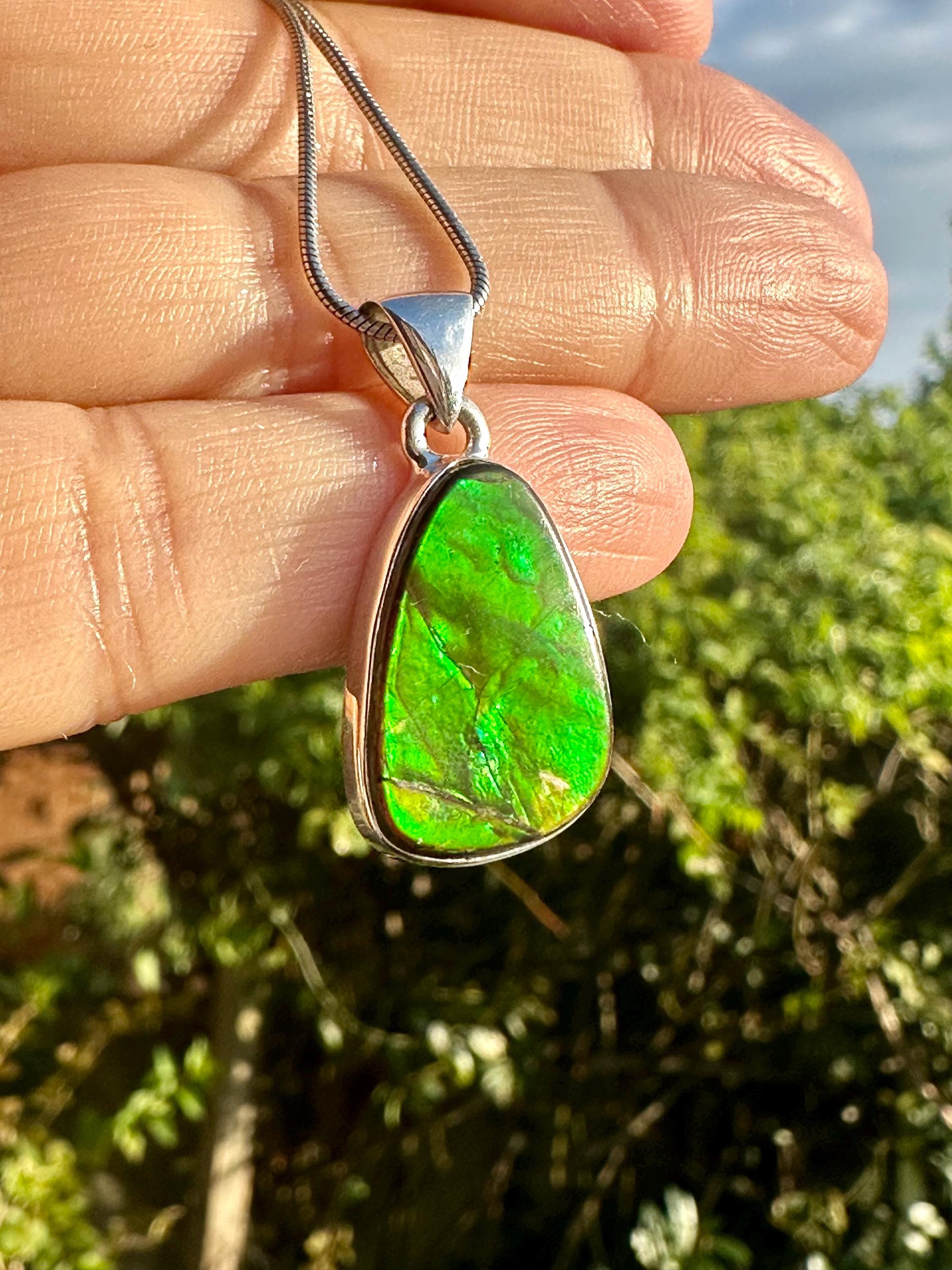Iridescent Ammolite Pendant: Sterling Silver Pear-Cut Gemstone