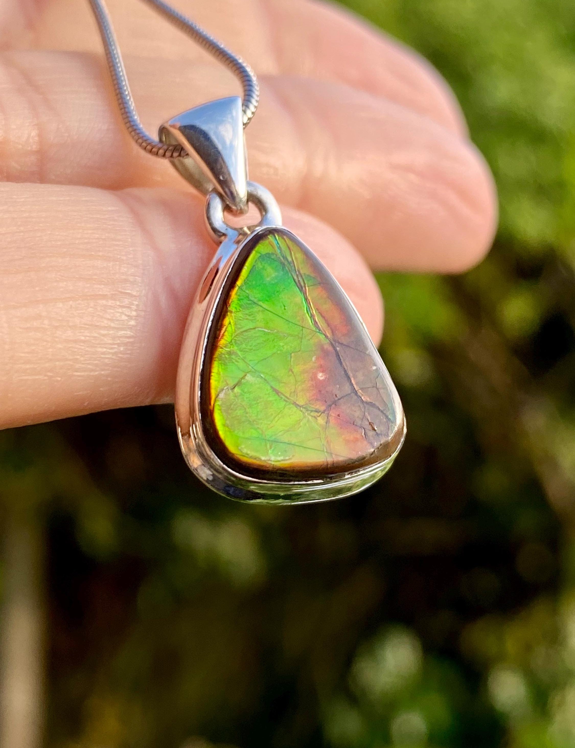 Ammolite Pendant: Iridescent Gemstone, Sterling Silver, Alberta Canada