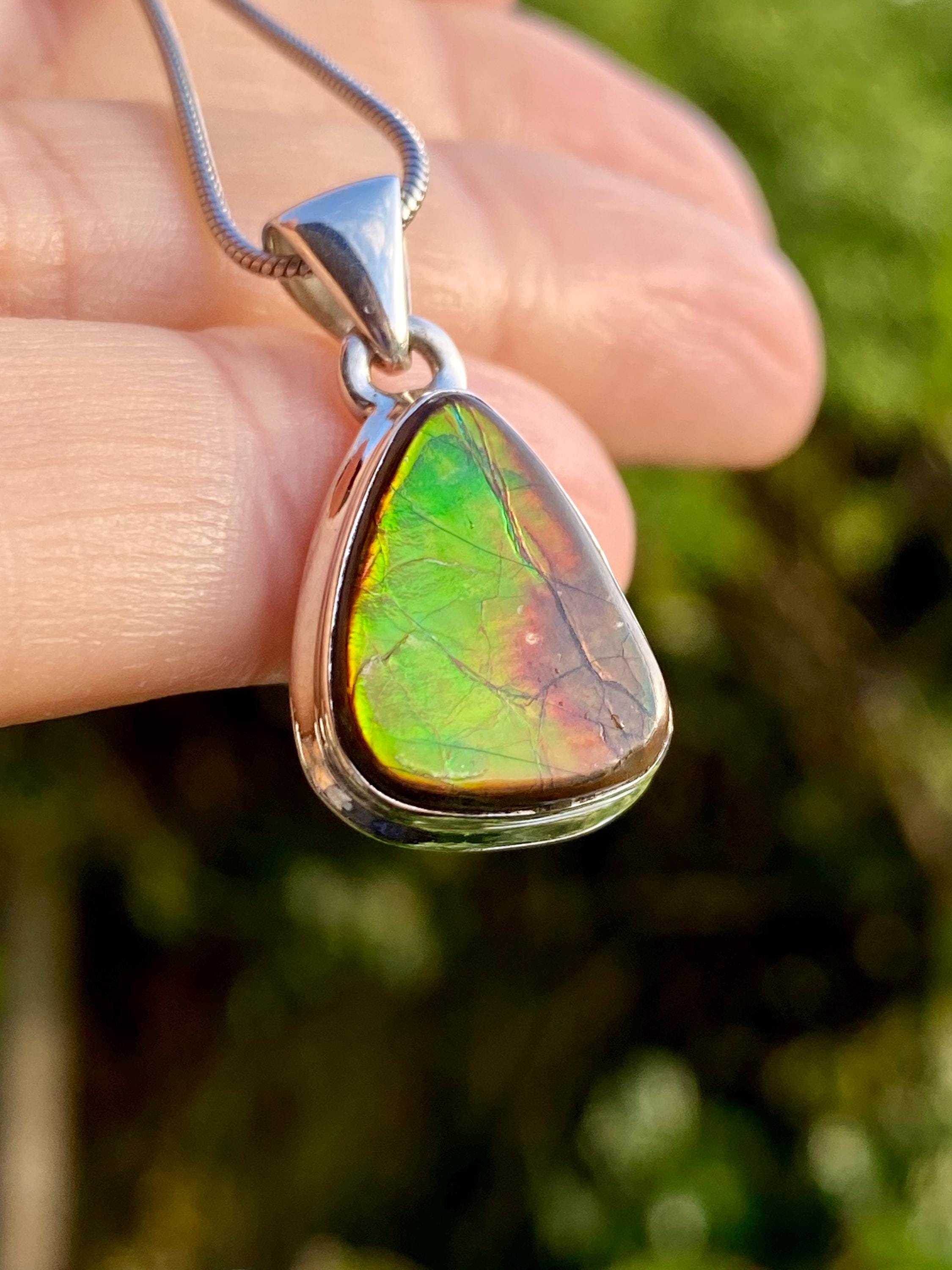 Ammolite Pendant: Iridescent Gemstone, Sterling Silver, Alberta Canada
