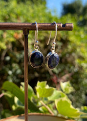 Raw Blue Sapphire Dangle Earrings: Sterling Silver September Birthstone