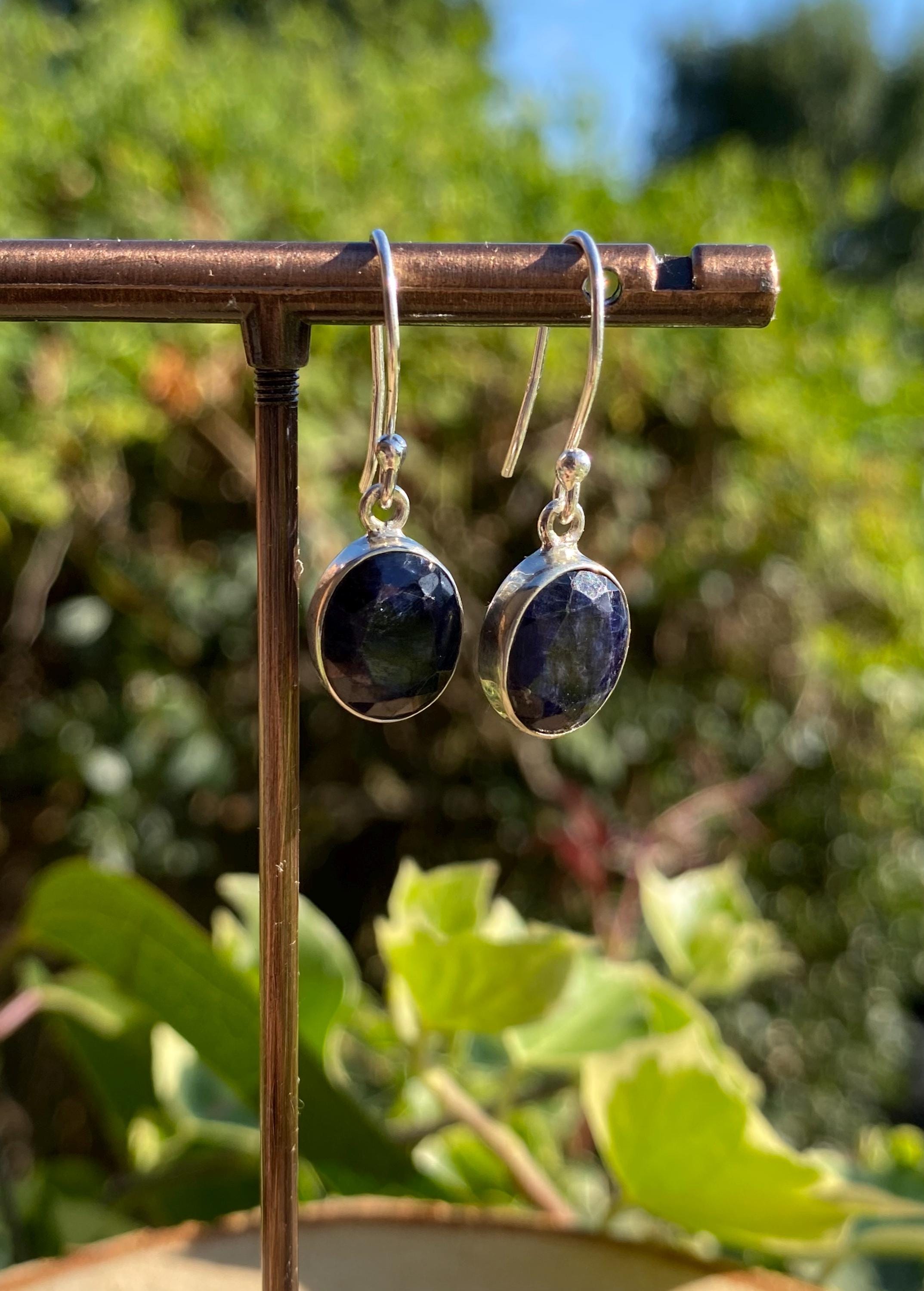 Raw Blue Sapphire Dangle Earrings: Sterling Silver September Birthstone