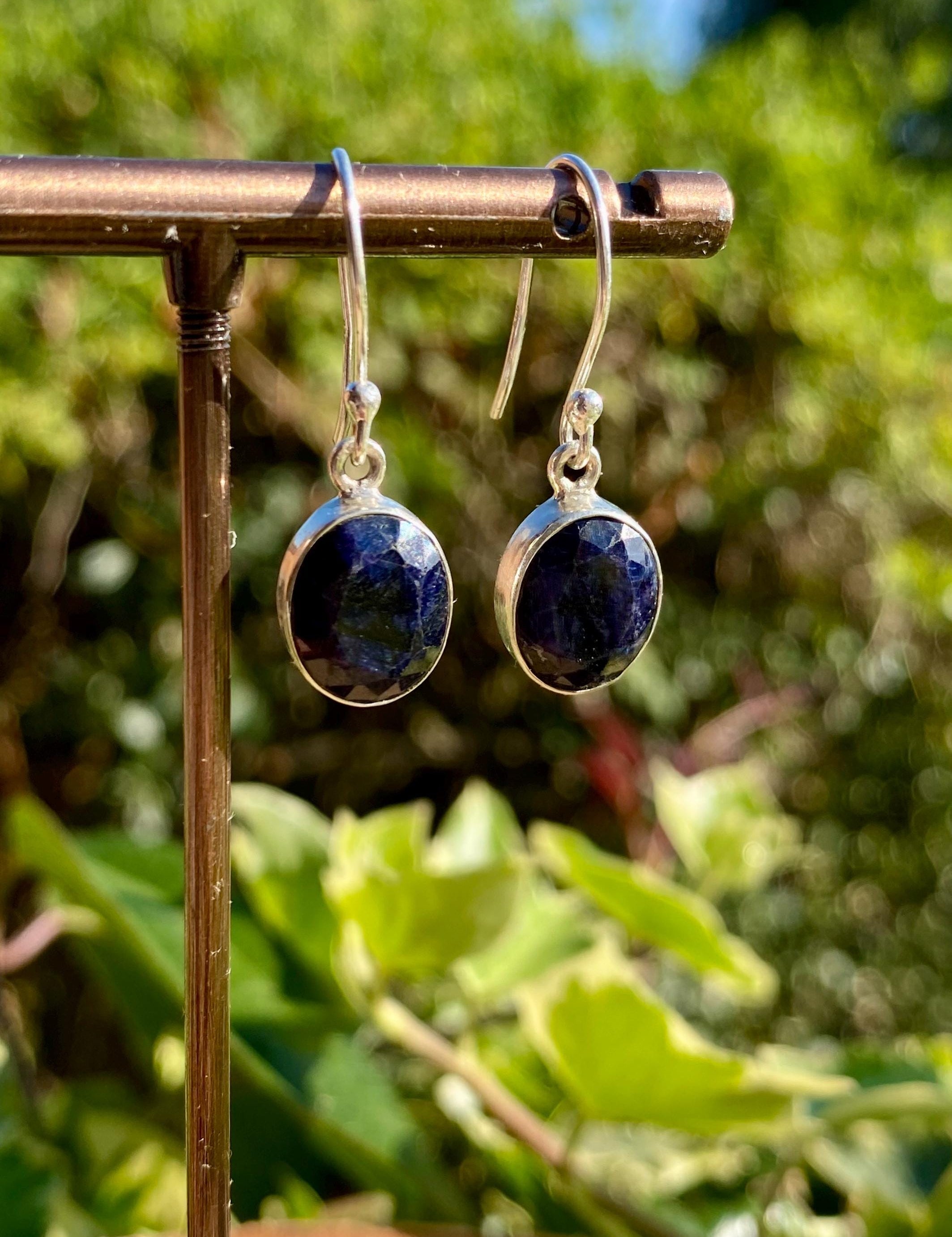 Raw Blue Sapphire Dangle Earrings: Sterling Silver September Birthstone