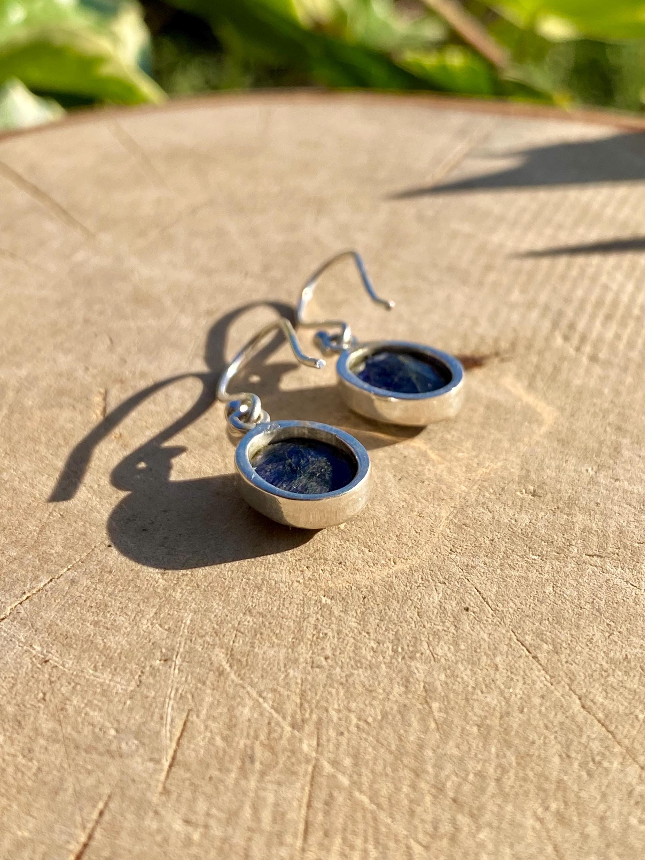 Raw Blue Sapphire Dangle Earrings: Sterling Silver September Birthstone