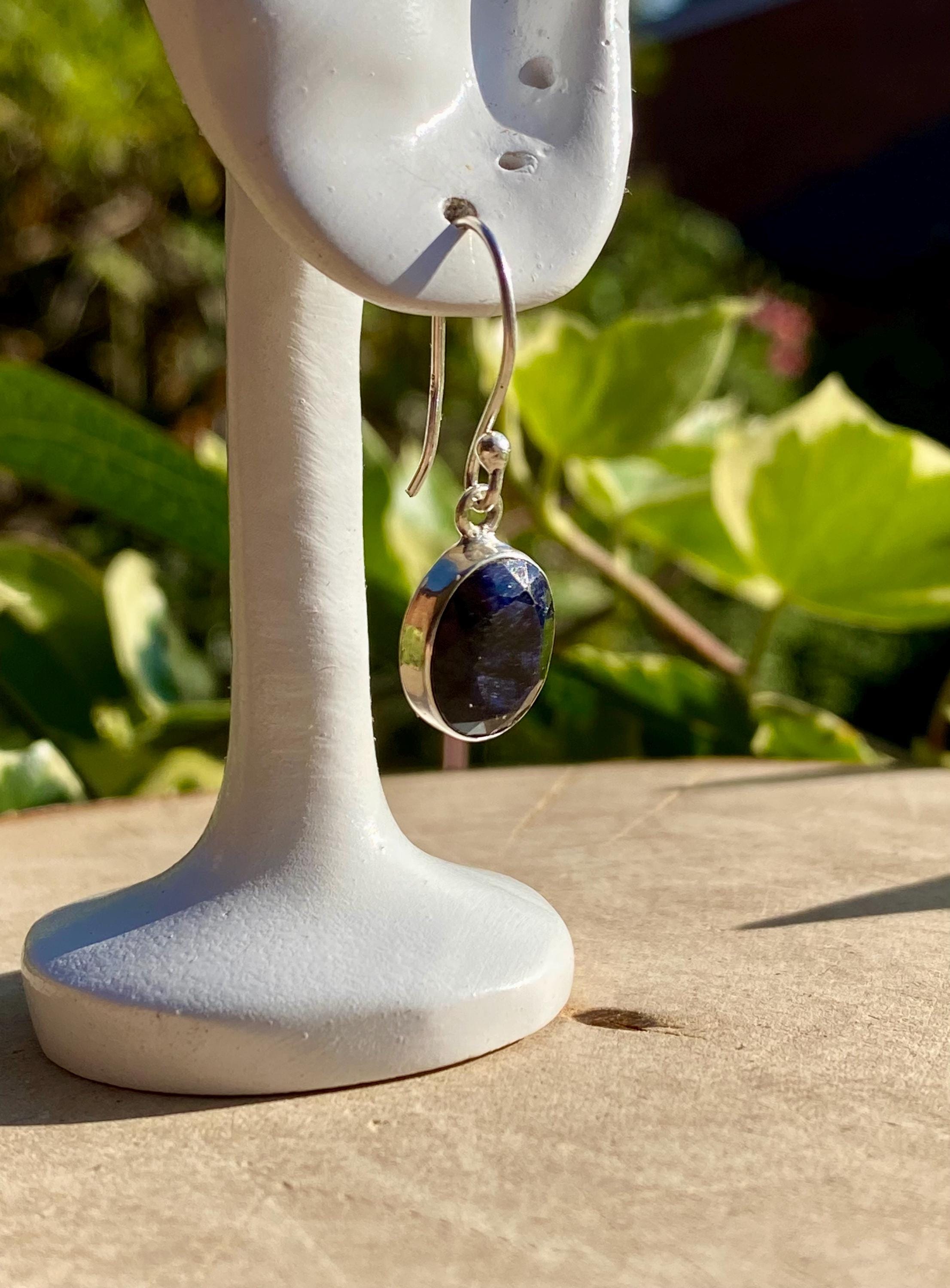 Raw Blue Sapphire Dangle Earrings: Sterling Silver September Birthstone
