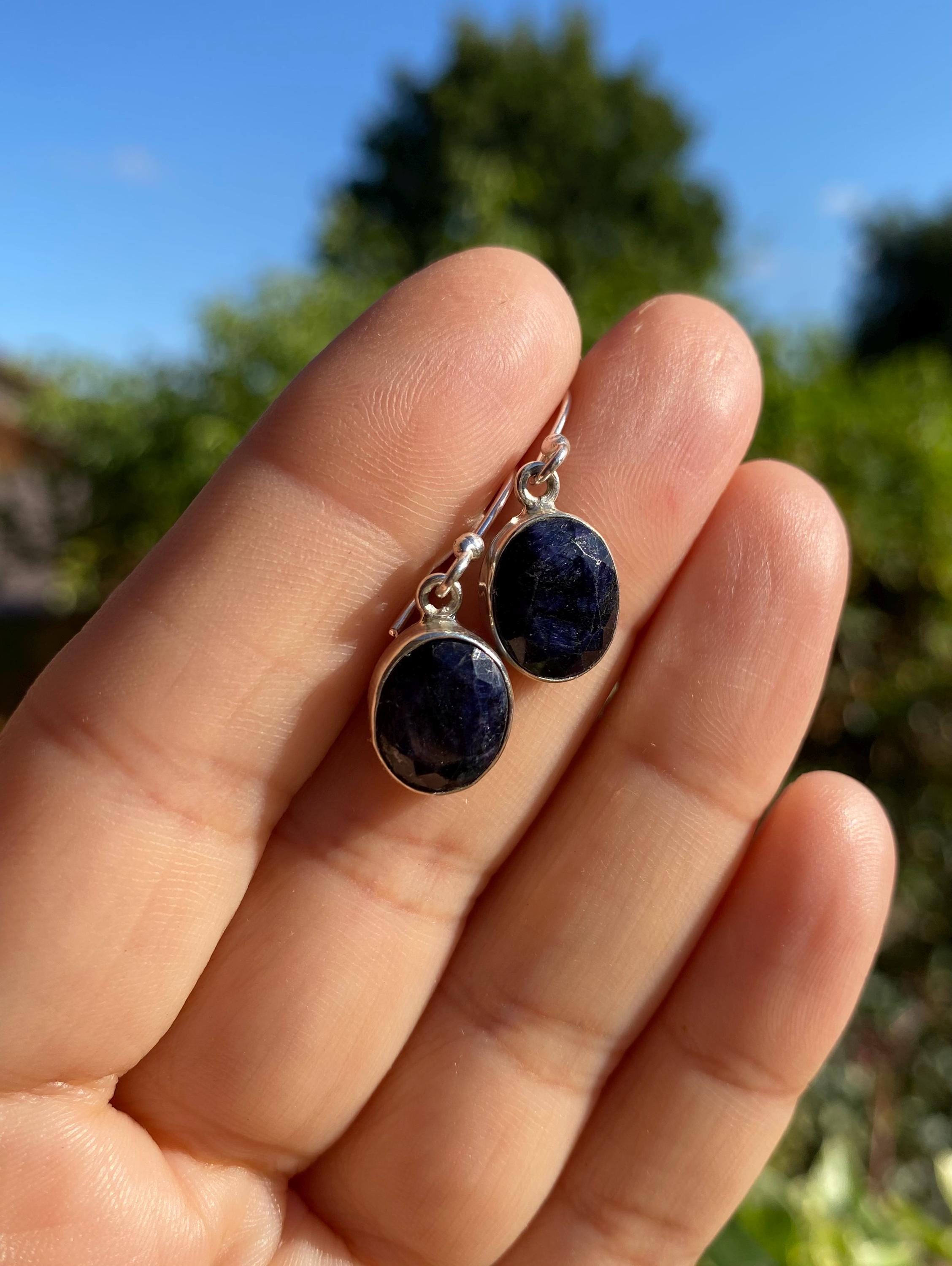 Raw Blue Sapphire Dangle Earrings: Sterling Silver September Birthstone