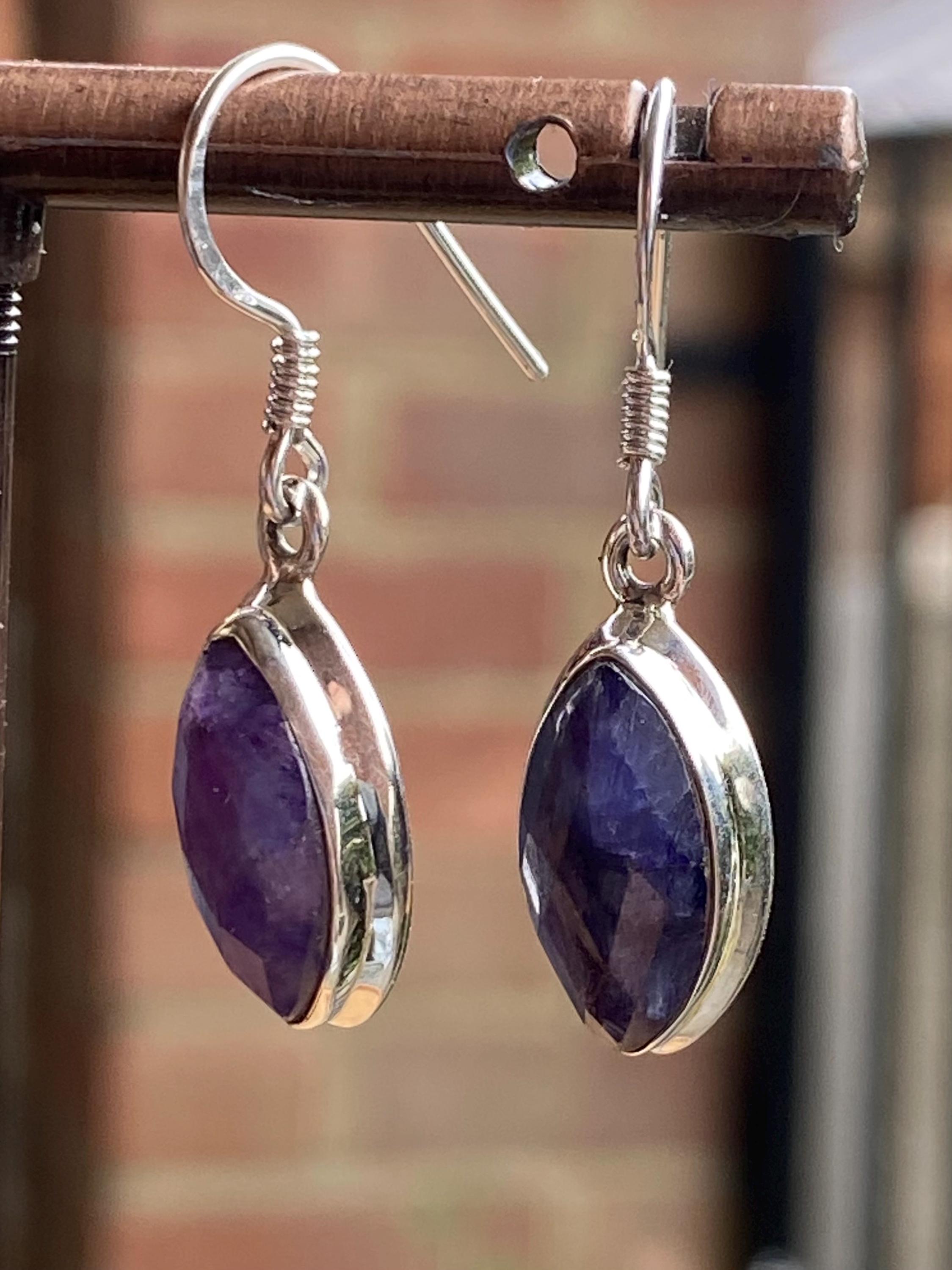 Marquise Raw Sapphire Dangle Earrings, Sterling Silver, September Birthstone