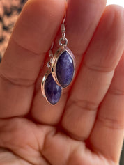 Marquise Raw Sapphire Dangle Earrings, Sterling Silver, September Birthstone