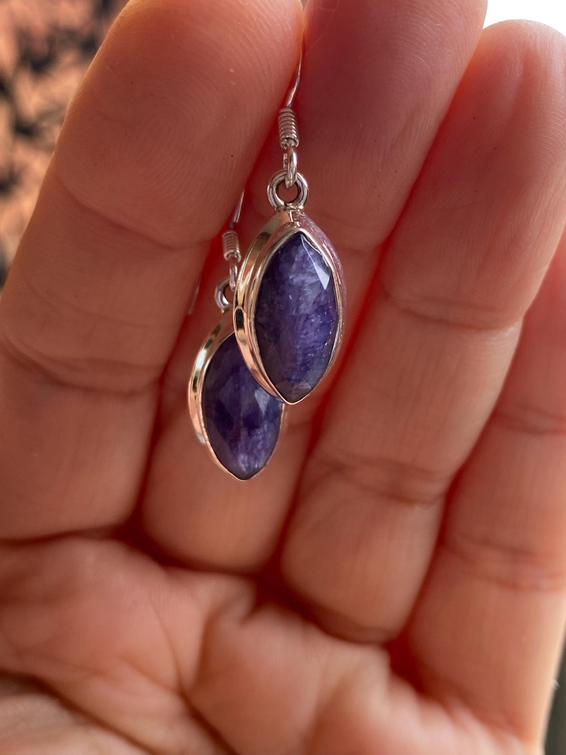 Marquise Raw Sapphire Dangle Earrings, Sterling Silver, September Birthstone